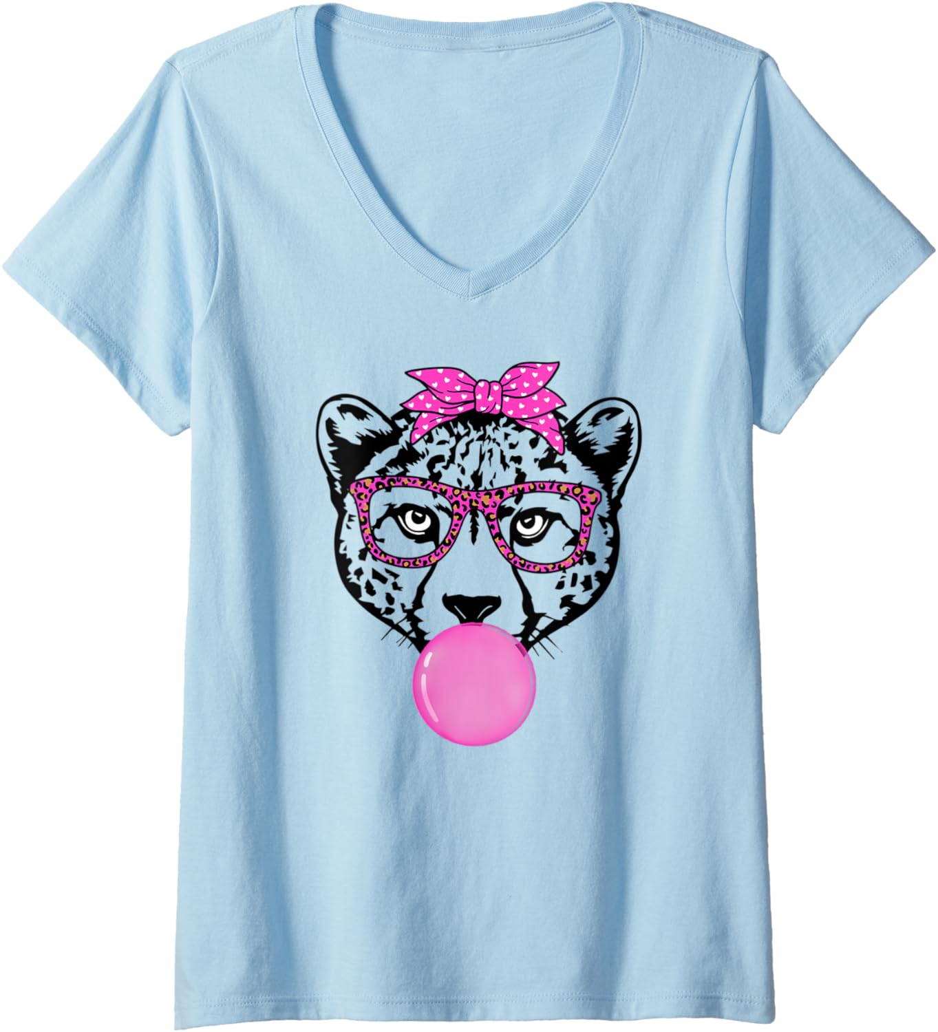 Womens cute Cheetah with bubble gum bandana glasses V Neck Apparel Streetwear Style Hot Right Now