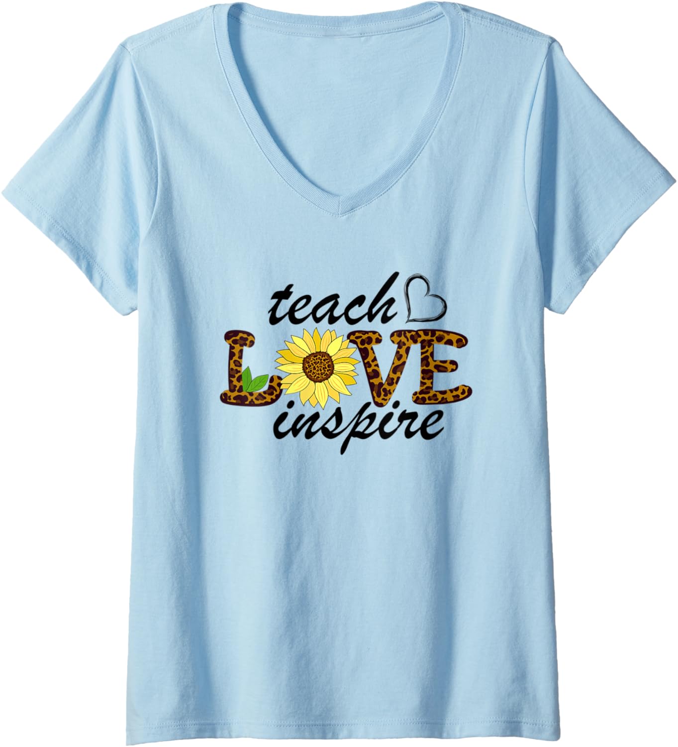 Womens Teach Love Inspire Cute Sunflower Leopard Cheetah Print Gift V Neck Apparel High Search Demand Gift Ready