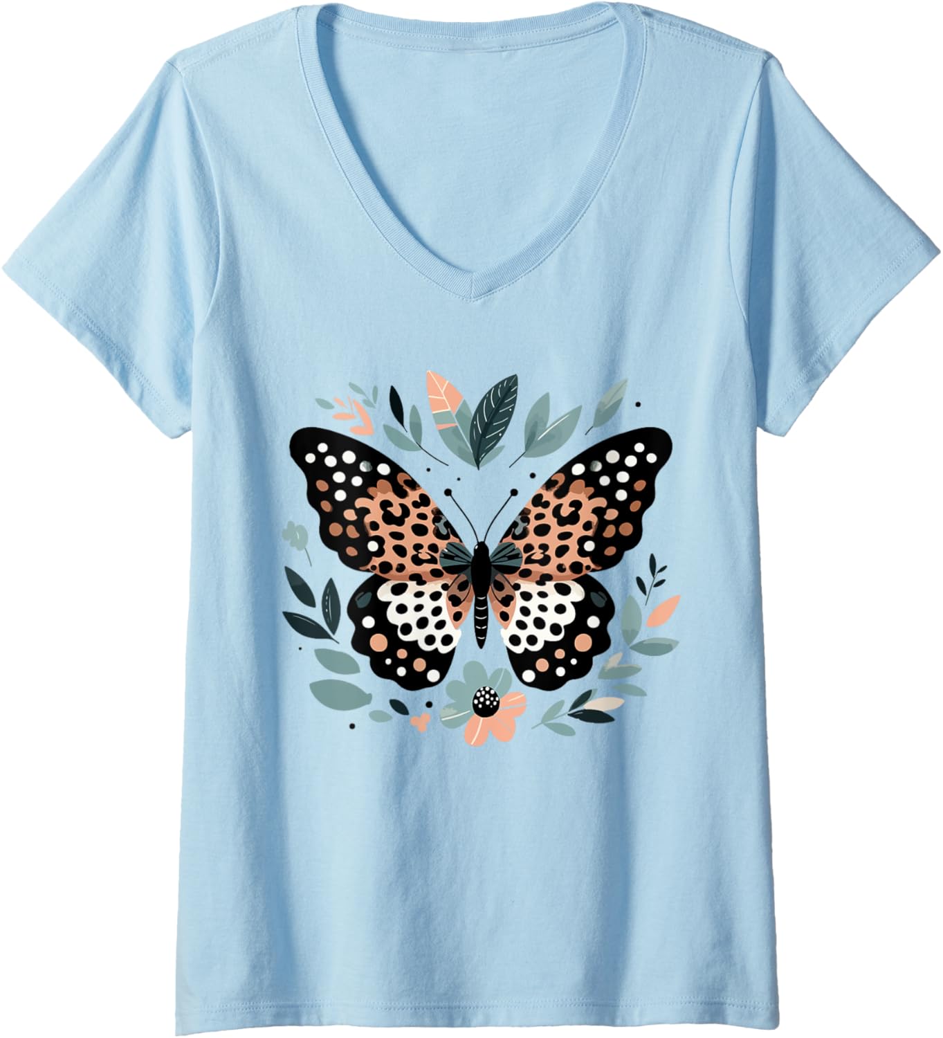 Womens Cute Leopard Print Butterfly Cheetah Black V Neck Apparel Premium Print Everyday Wear