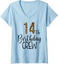 Womens 14 Year Birthday Party Leopard Print 14th Birthday Crew V Neck Apparel Trending US Fan Favorite