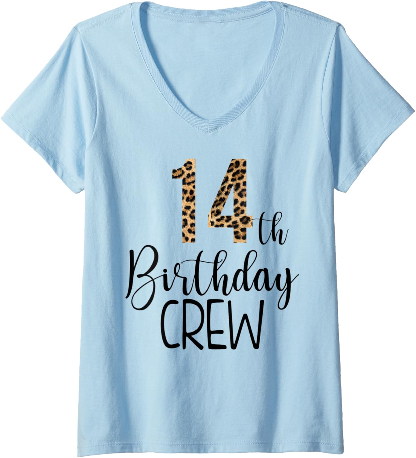 Womens 14 Year Birthday Party Leopard Print 14th Birthday Crew V Neck Apparel Trending US Fan Favorite