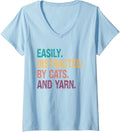 Womens Easily Distracted by cats And Yarn Quote knitting lovers V-Neck Yarn Supply | Viral US Pick | Perfect for Craf...