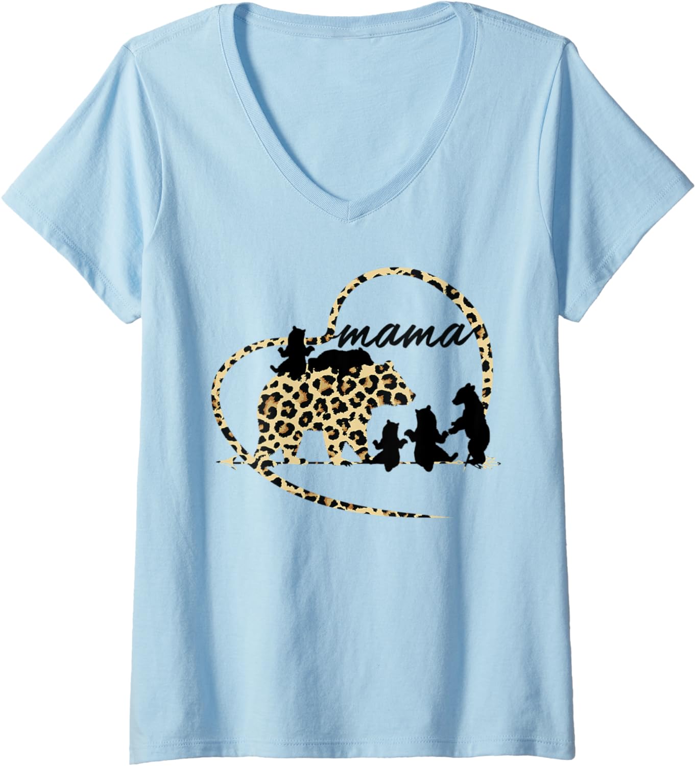 Womens Cute Trendy Mama Bear 5 Cubs Mom Cheetah Print Heart Design V Neck Apparel Premium Print Gift Ready