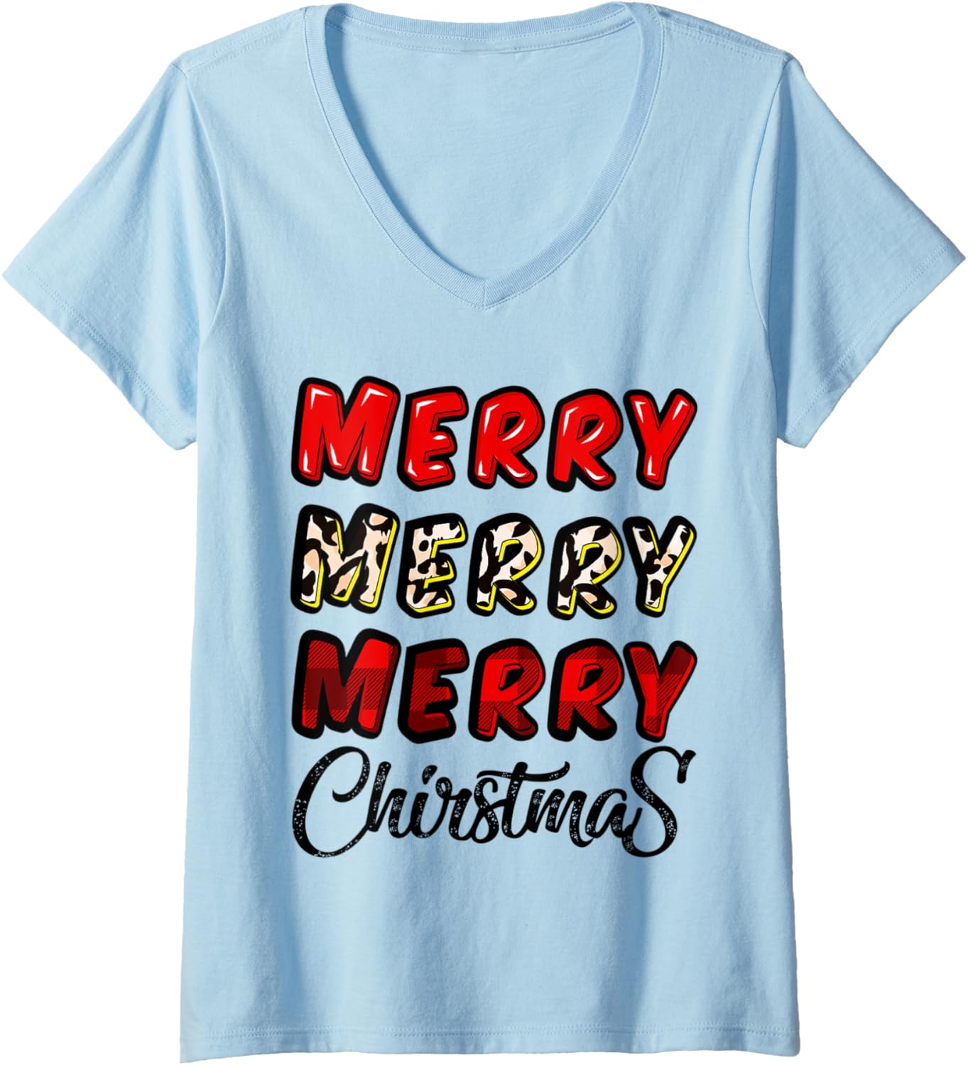 Womens Merry Christmas Plaid Leopard Cheetah Print V Neck Apparel Streetwear Style US Top Pick