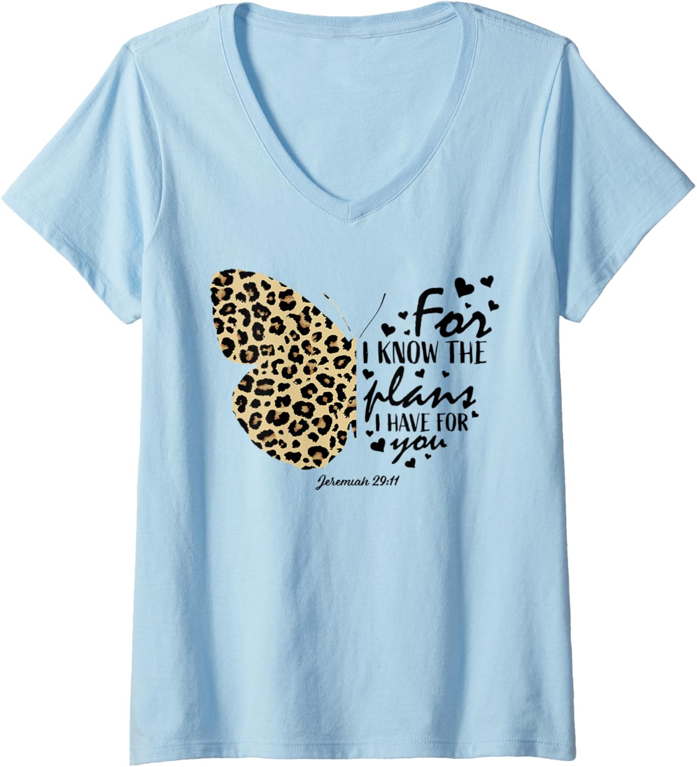 Womens Cute Cheetah Print Butterfly Christian Religious Bible Quote V Neck Apparel Streetwear Style Gift Ready