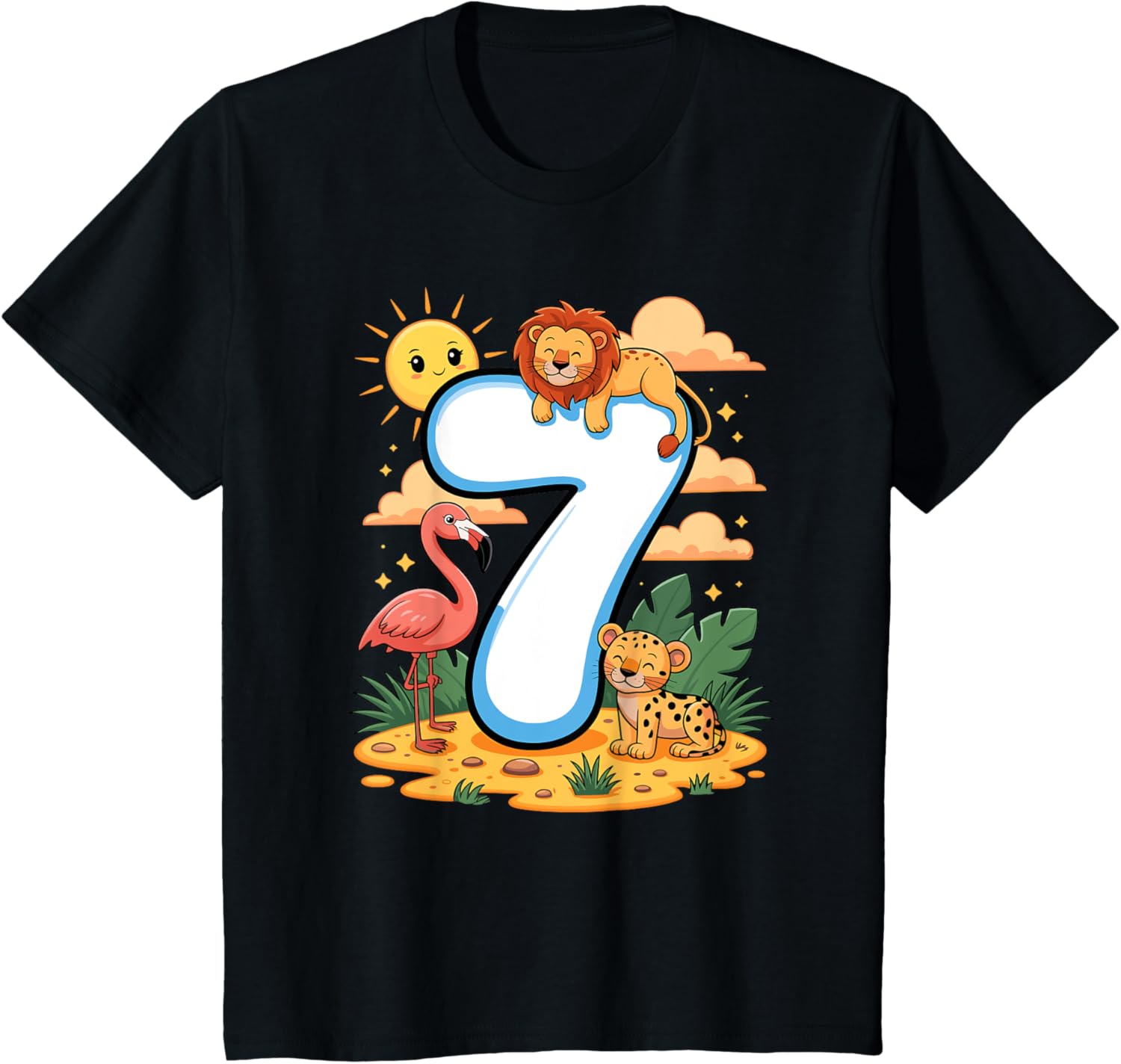 Kids 7th Birthday Lion Flamingo Cheetah 7 Year Safari Theme Apparel Comfort Fit Everyday Wear
