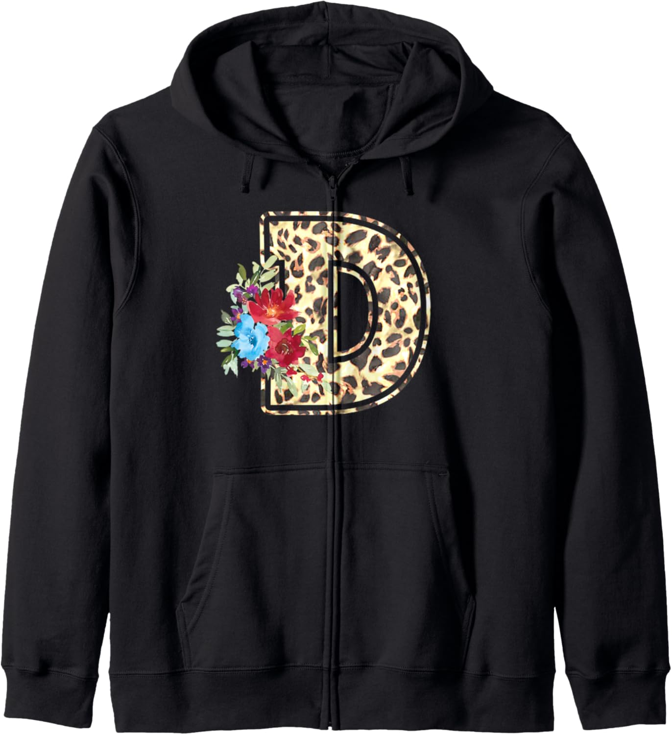 Letter D Initial Leopard Cheetah Print Flowers Watercolor Zip Hoodie Hoodie Trending US Gift Ready