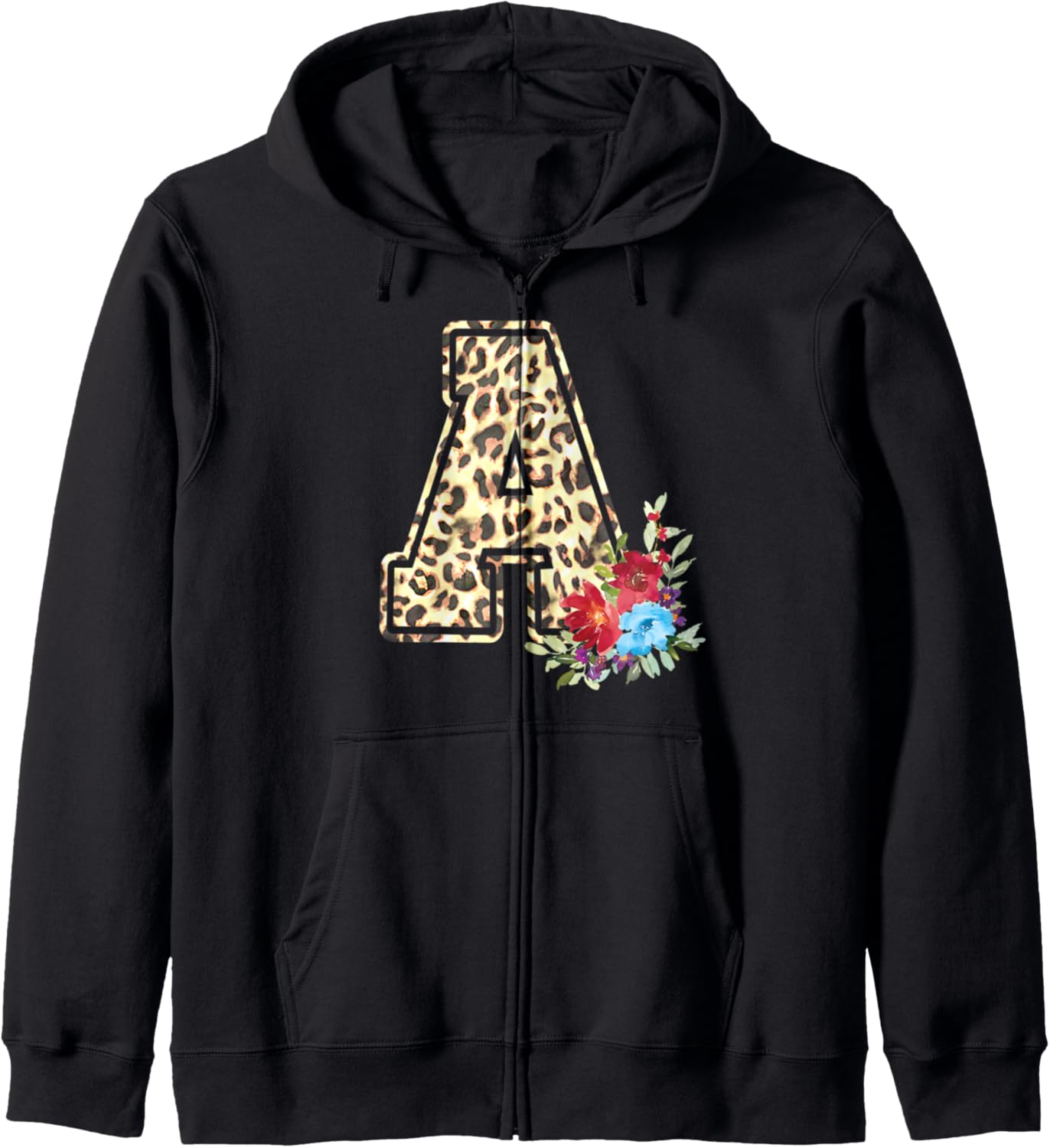 Letter A Initial Leopard Cheetah Print Flowers Watercolor Zip Hoodie Hoodie Streetwear Style Gift Ready