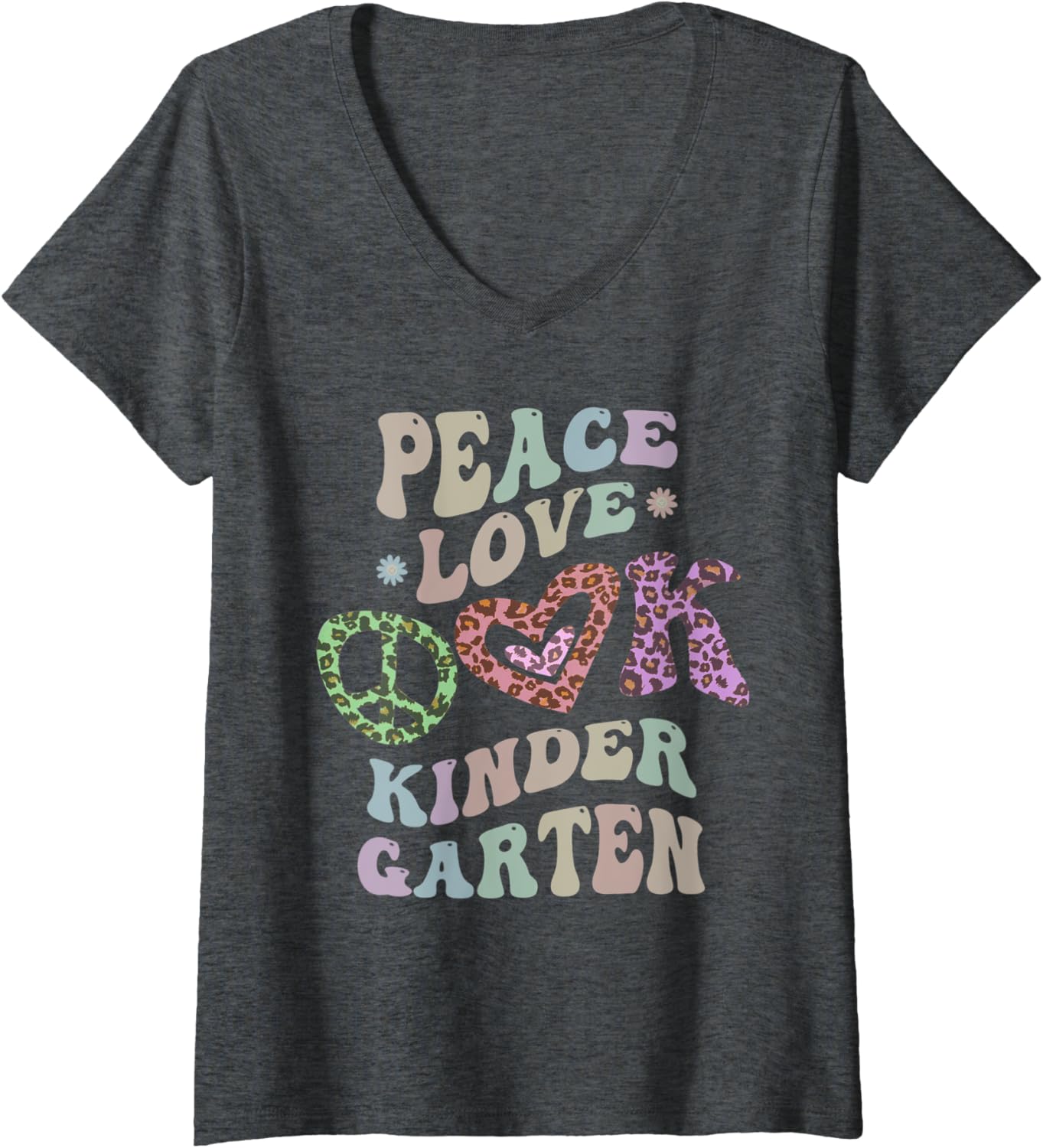 Womens Rainbow PEACE LOVE KINDERGARTEN Leopard Print Retro Kinder V Neck Apparel Trending US Everyday Wear