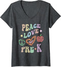 Womens Rainbow PEACE LOVE PRE K Leopard Print Retro PreK Little V Neck Apparel Premium Print Everyday Wear