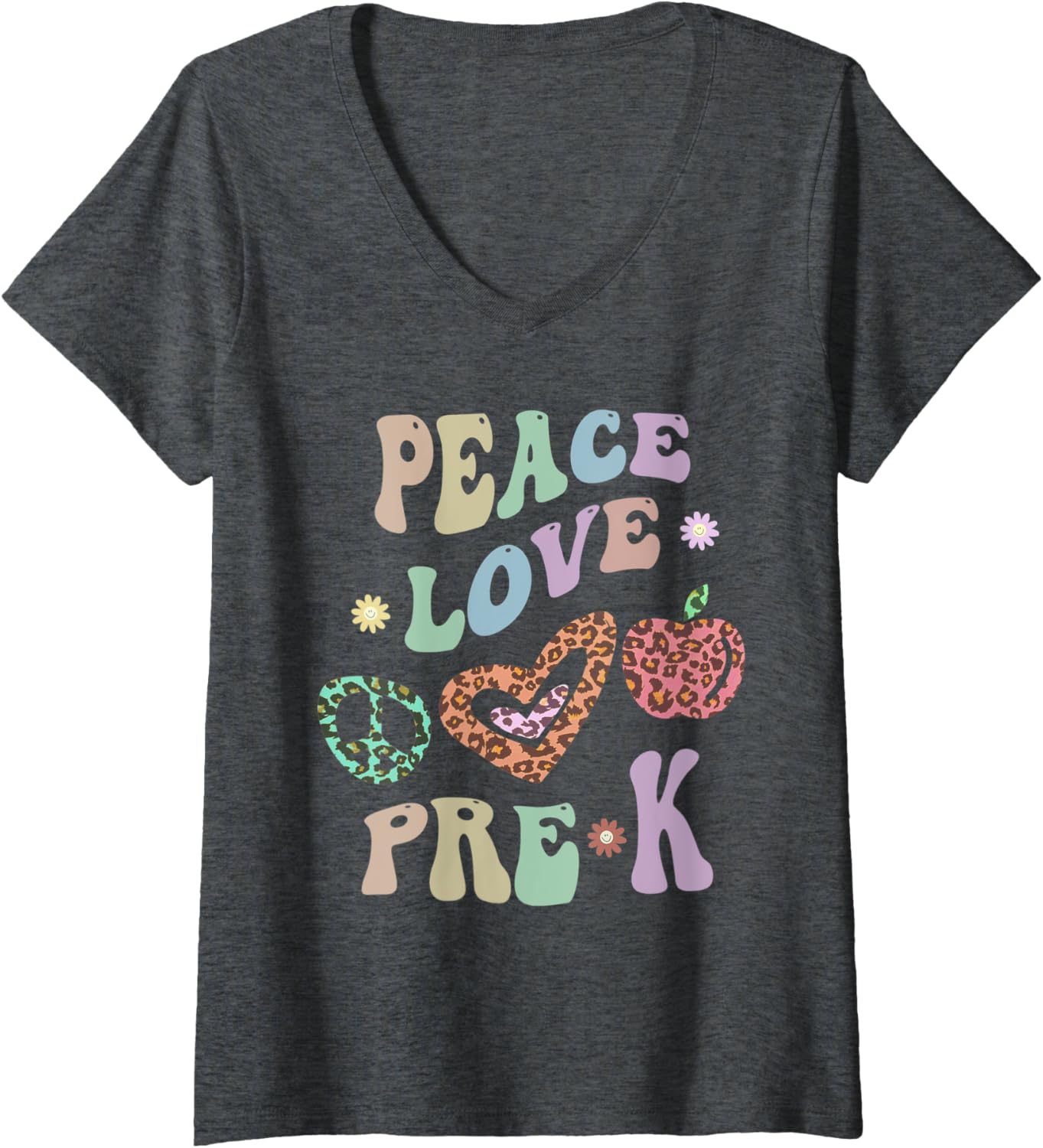 Womens Rainbow PEACE LOVE PRE K Leopard Print Retro PreK Little V Neck Apparel Premium Print Everyday Wear
