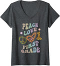 Womens Rainbow PEACE LOVE FIRST GRADE Leopard Print Retro 1st Gr V Neck Apparel Viral TikTok Find Everyday Wear