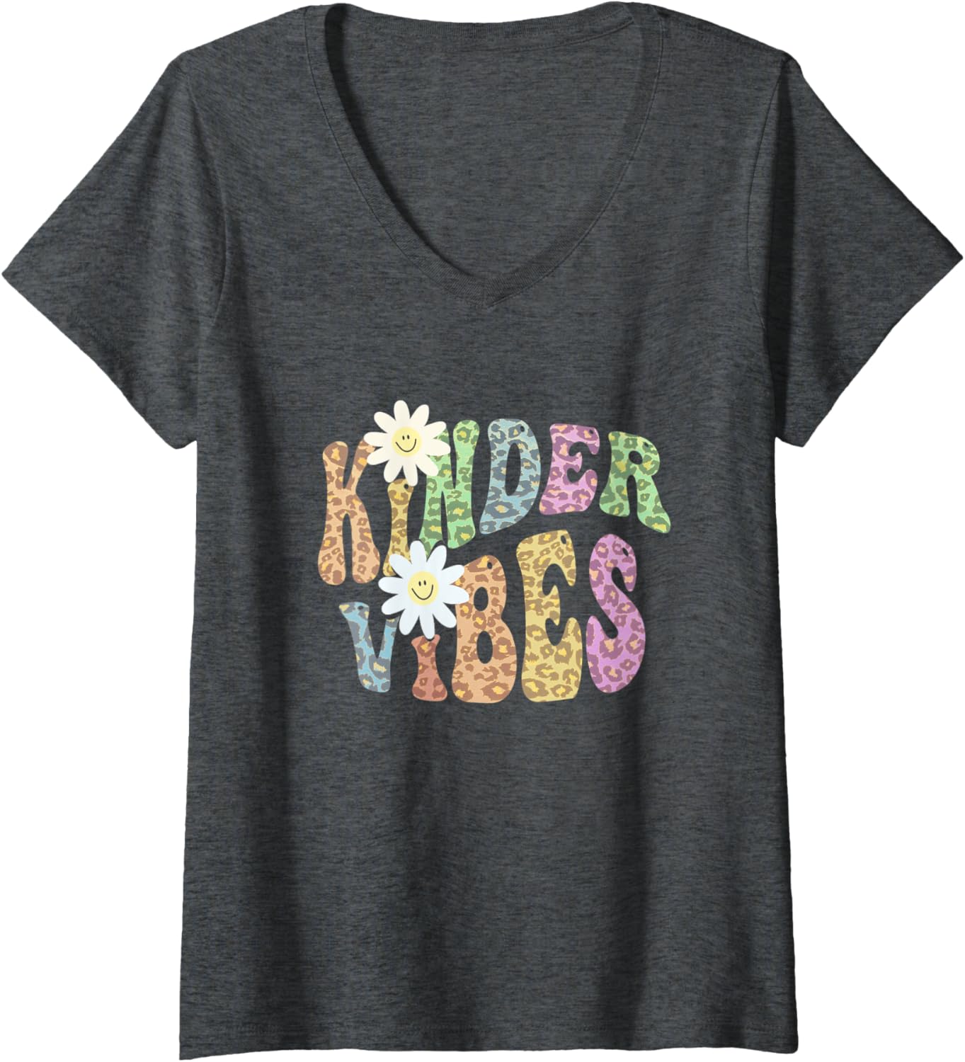 Womens Rainbow KINDER VIBES Retro Kindergarten Leopard Print V Neck Apparel Comfort Fit Best Seller Look