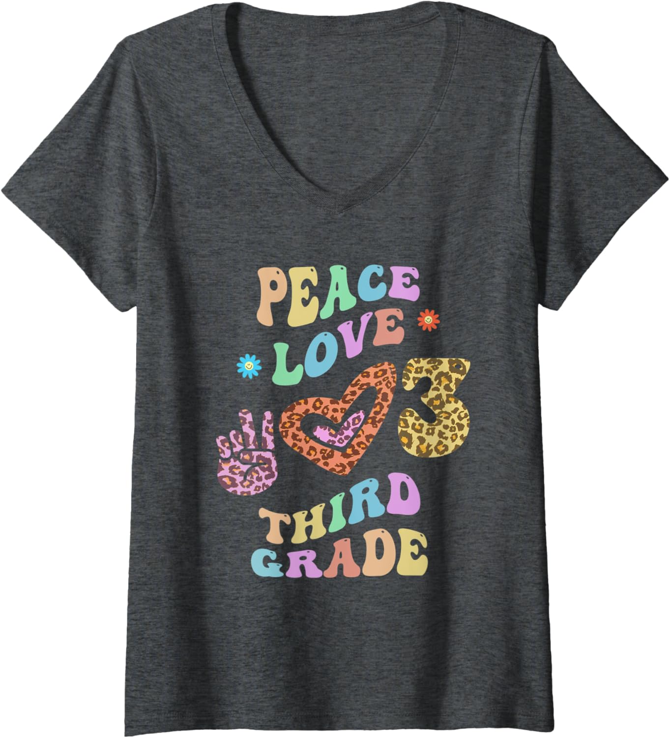 Womens Rainbow PEACE LOVE THIRD GRADE Leopard Print Retro 3rd Gr V Neck Apparel High Search Demand Gift Ready