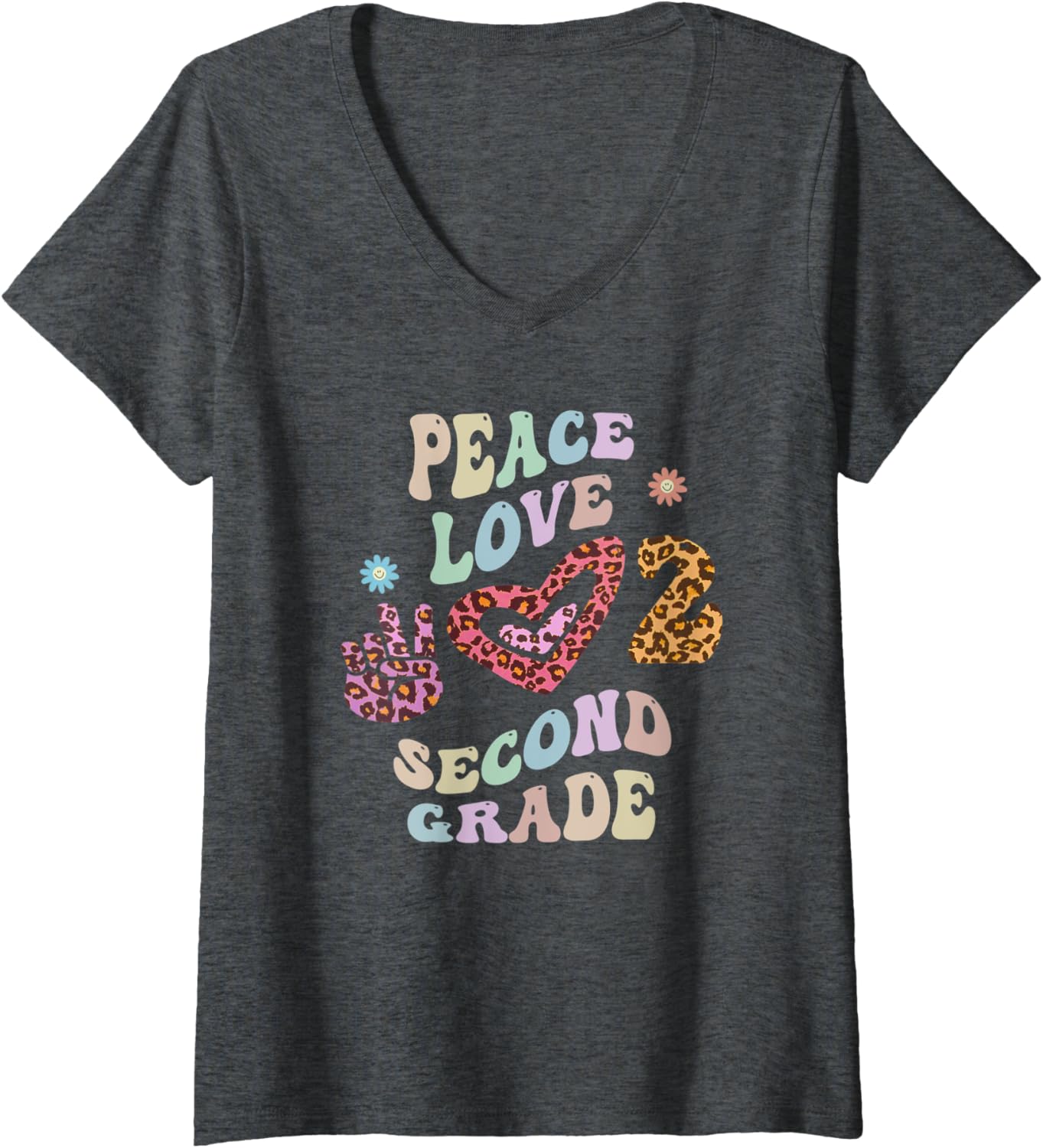 Womens Rainbow PEACE LOVE SECOND GRADE Leopard Print Retro 2nd Gr V Neck Apparel Viral TikTok Find Hot Right Now