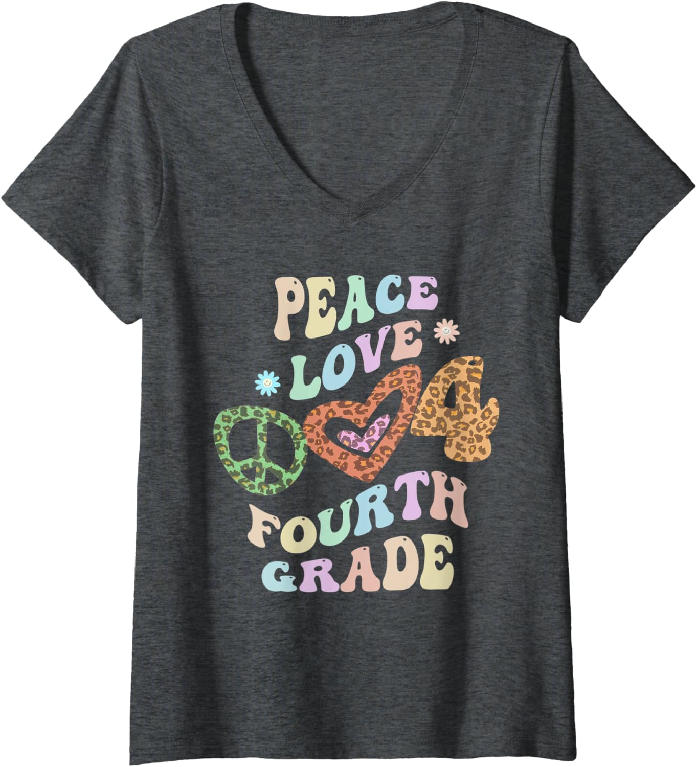 Womens Rainbow PEACE LOVE FOURTH GRADE Leopard Print Retro 4th Gr V Neck Apparel Comfort Fit Best Seller Look