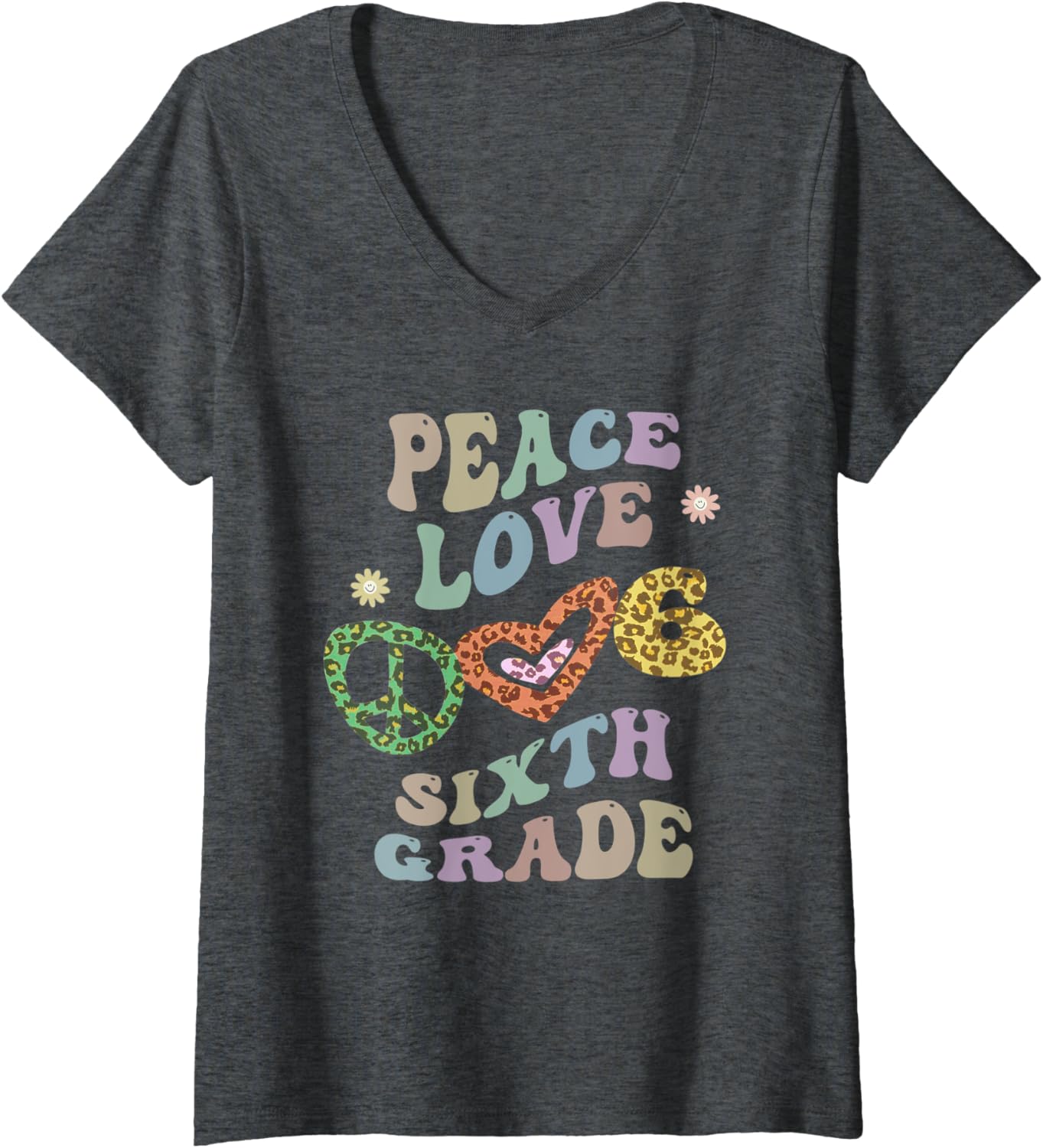 Womens Rainbow PEACE LOVE SIXTH GRADE Leopard Print Retro 6th Gr V Neck Apparel Comfort Fit US Top Pick