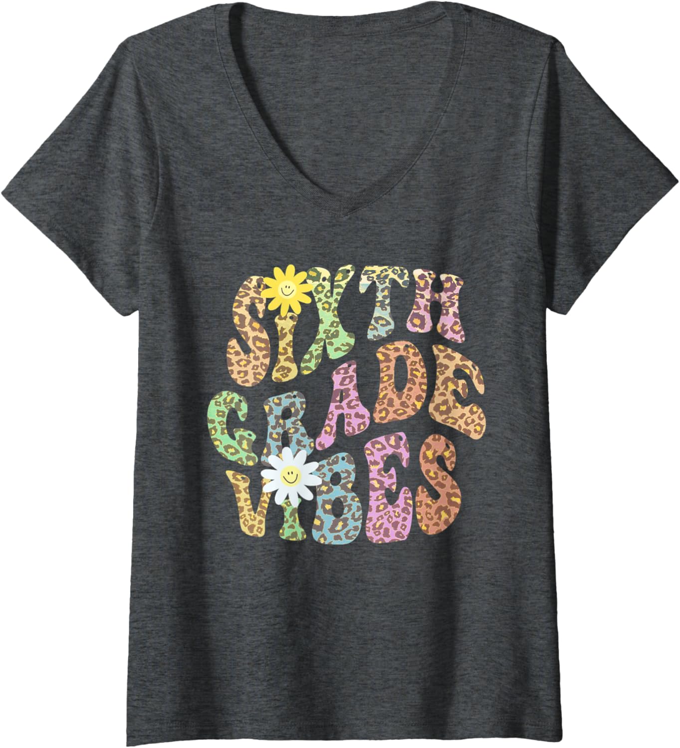 Womens Rainbow SIXTH GRADE VIBES Retro 6th Gr Leopard Print V Neck Apparel Viral TikTok Find Best Seller Look