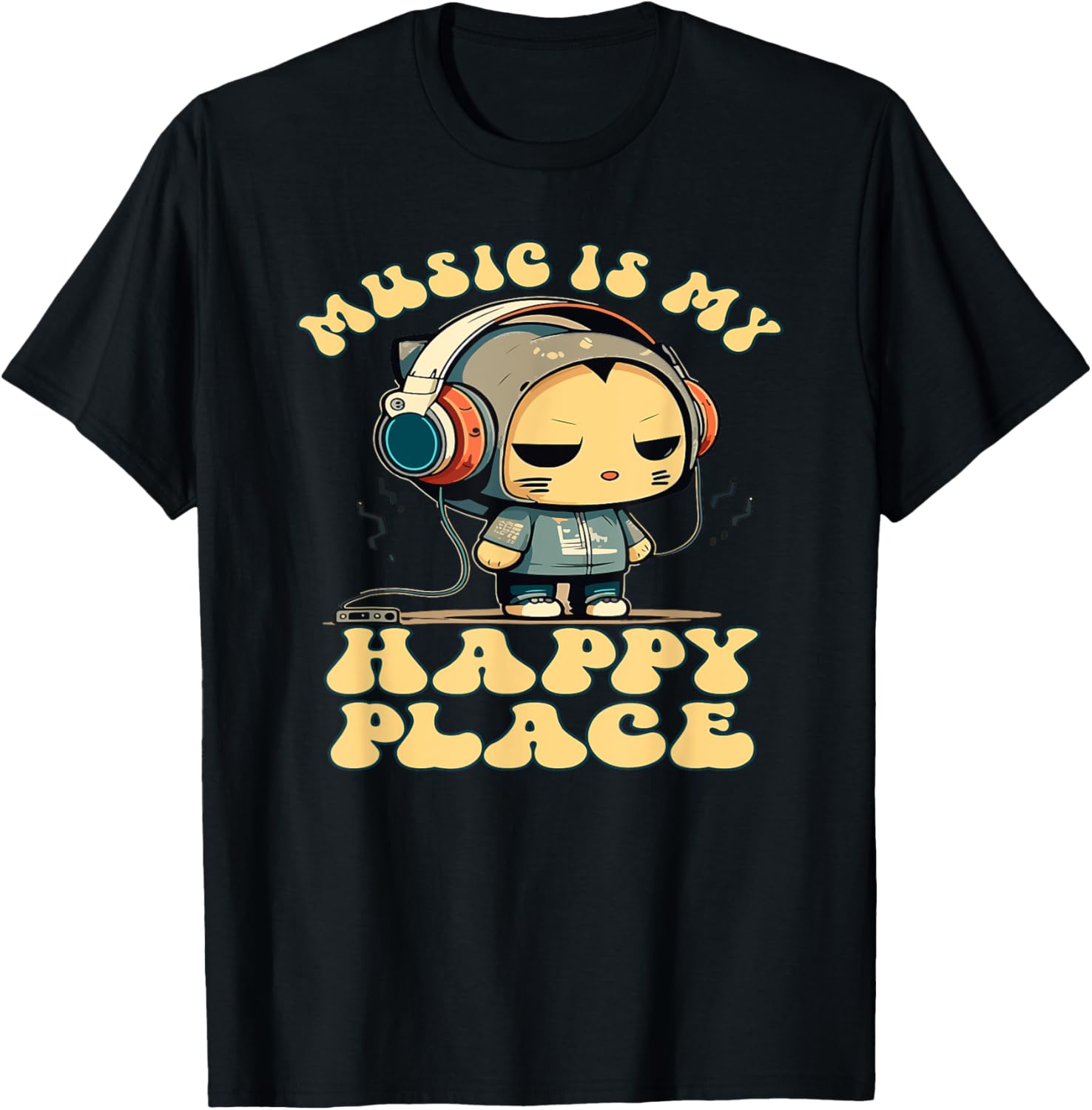 Music Is My Happy Place, Cute Headphone Cat Music Lover T-Shirt for Men Women Girls Kids T-Shirt | US Viral Pick | Daily Wear Essential