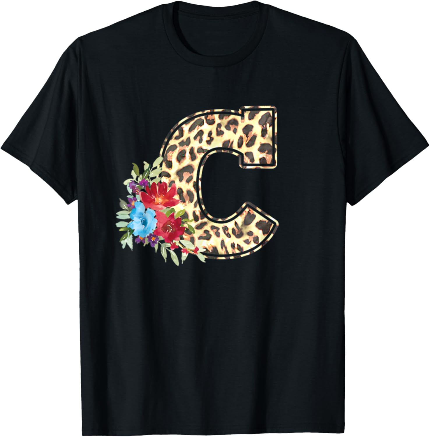 Letter C Initial Leopard Cheetah Print Flowers Watercolor Apparel Trending US Best Seller Look