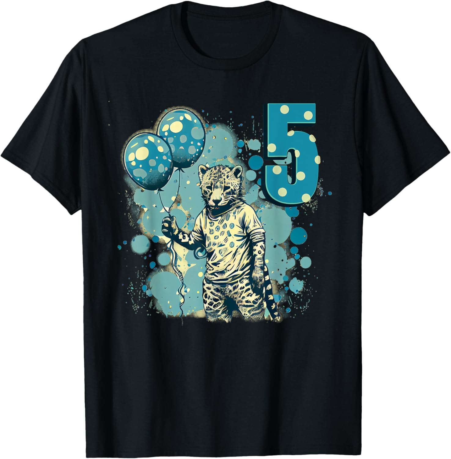Happy 5th Birthday cheetah holding a bunch of balloons Apparel Comfort Fit US Top Pick