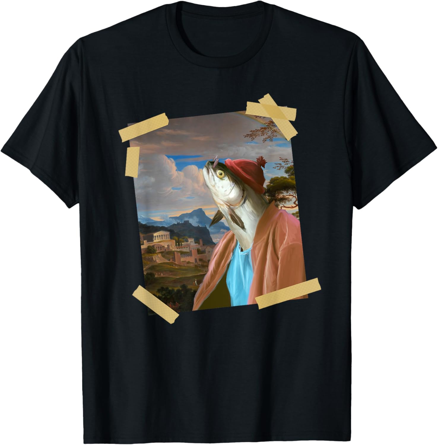 Fancy Painting With Fish Head is Taped In Place - Funny Art Apparel | Trending 2025 | Daily Wear Essential