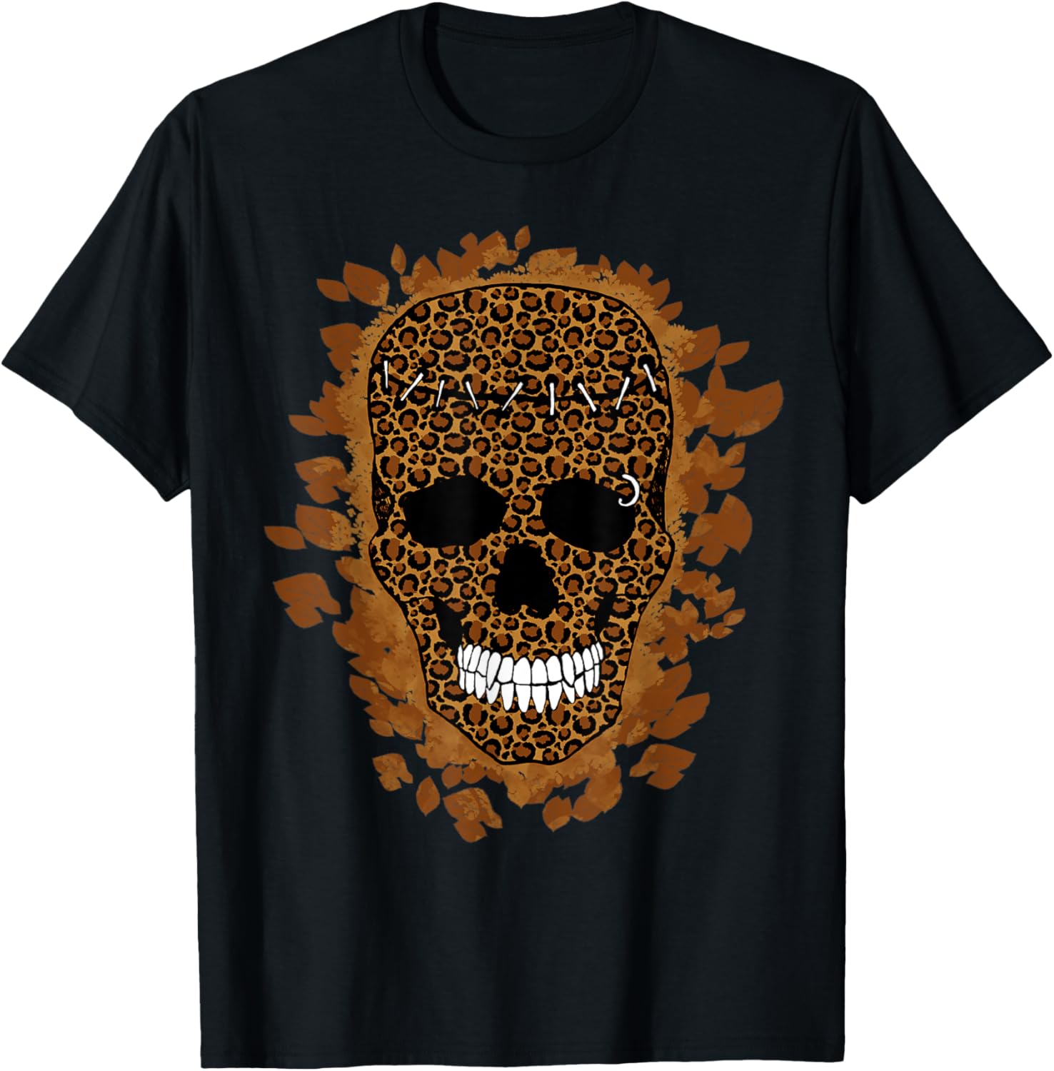 Smiling Leopard Print Skull Tee Fall Autumn Leaf Fashion T Shirt High Search Demand Hot Right Now