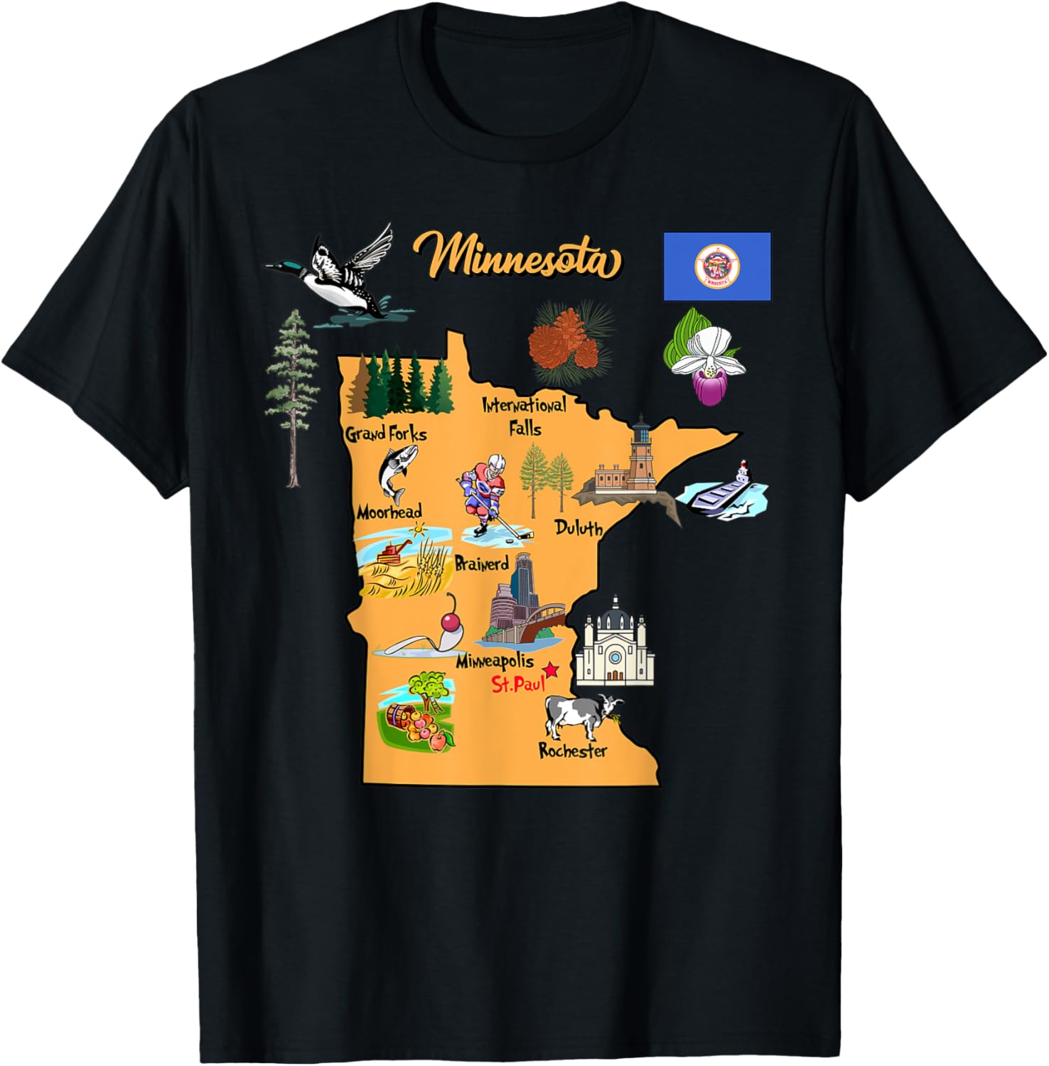 Hand Drawn Illustration of Minnesota Map, Tourist places, US Apparel | Premium Quality | Perfect Gift Choice