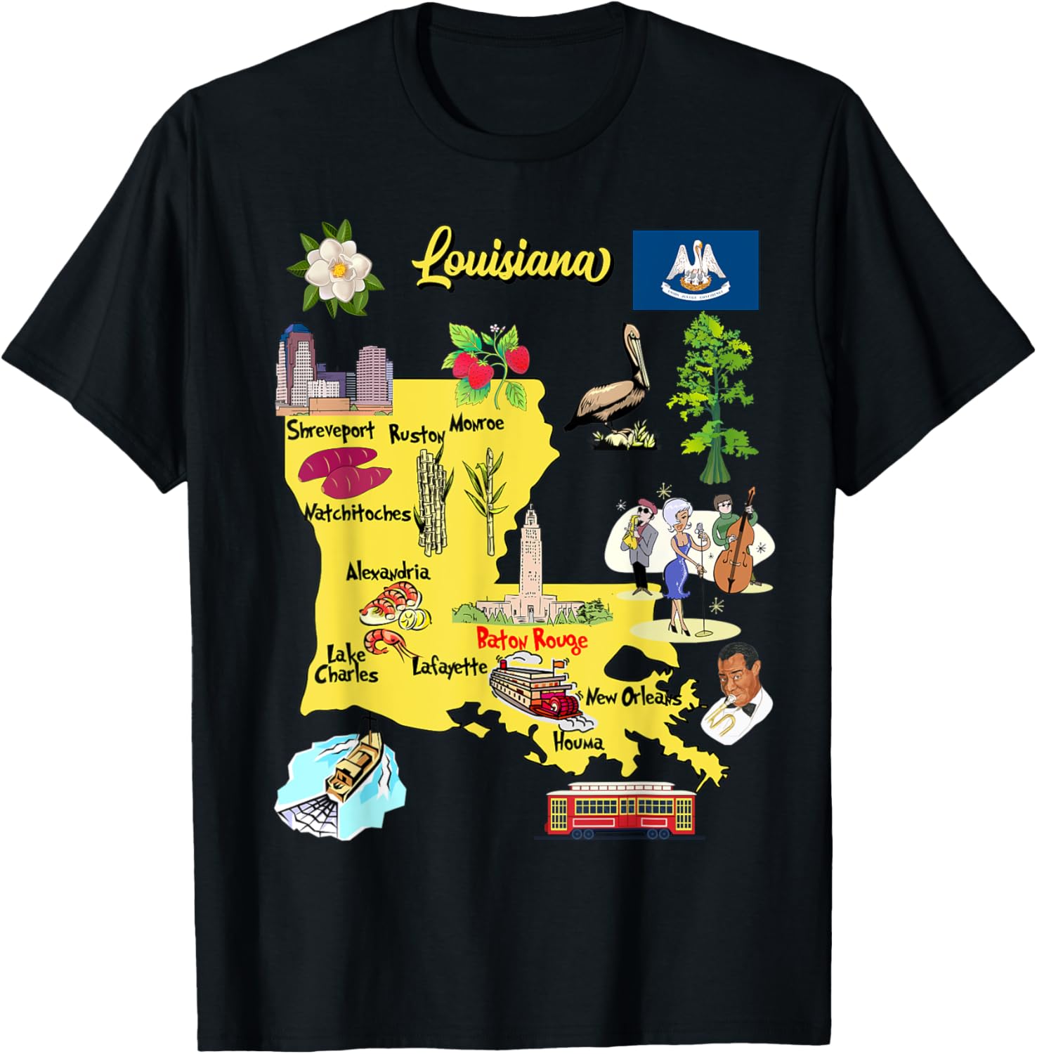 Hand Drawn Illustration of Louisiana Map Tourist places, USA Apparel | Premium Quality | Perfect Gift Choice