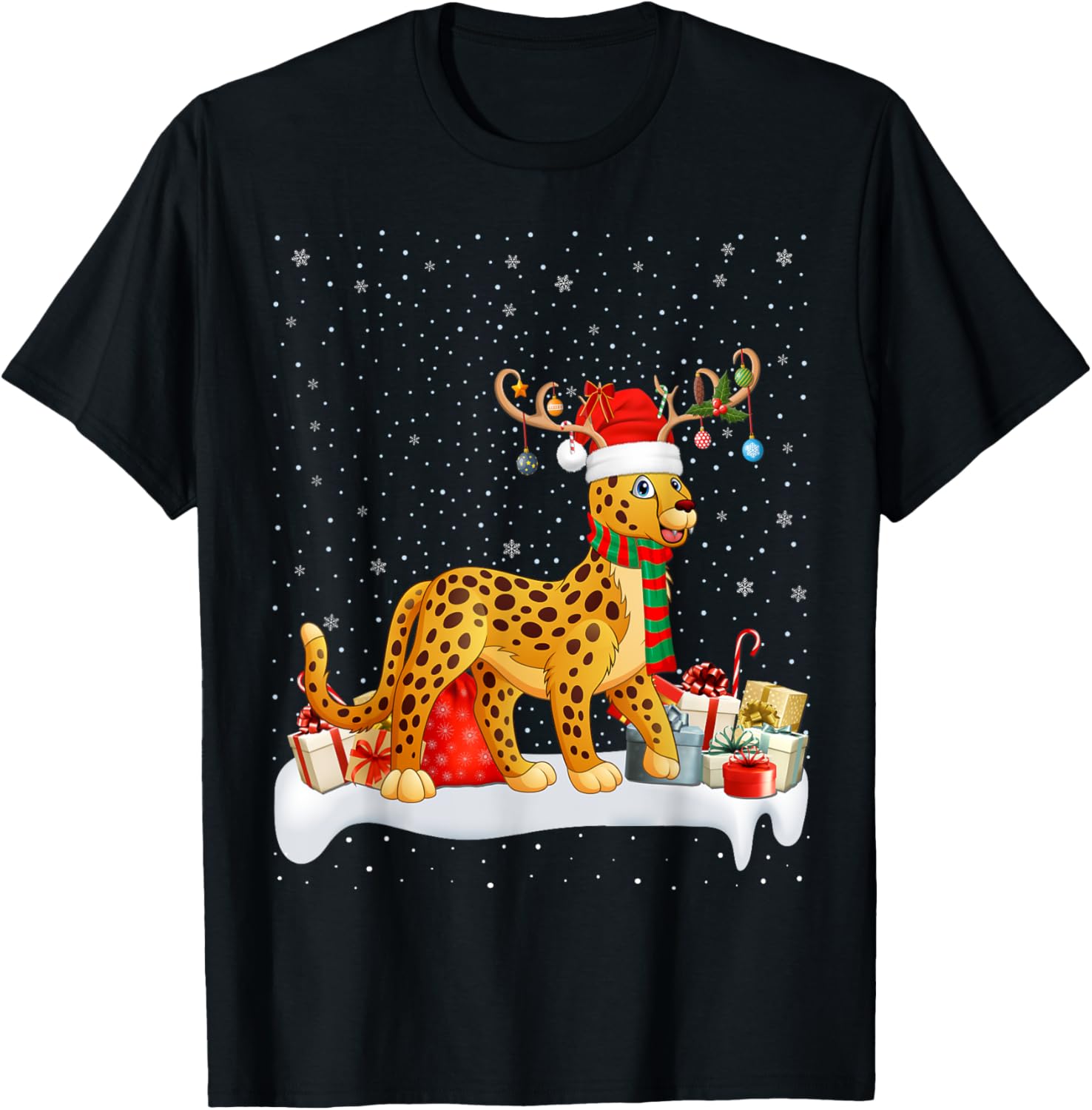 Xmas Lights Reindeer Santa Hat Cheetah Christmas Apparel Trending US Everyday Wear