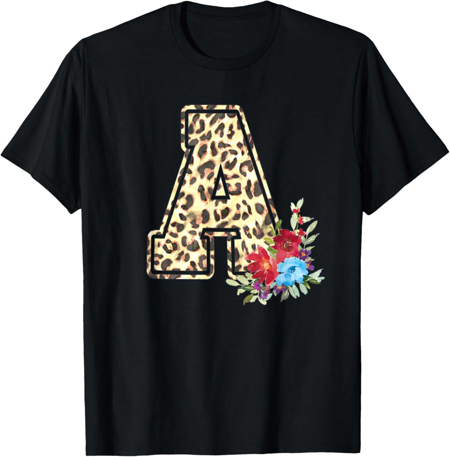 Letter A Initial Leopard Cheetah Print Flowers Watercolor Apparel Streetwear Style US Top Pick