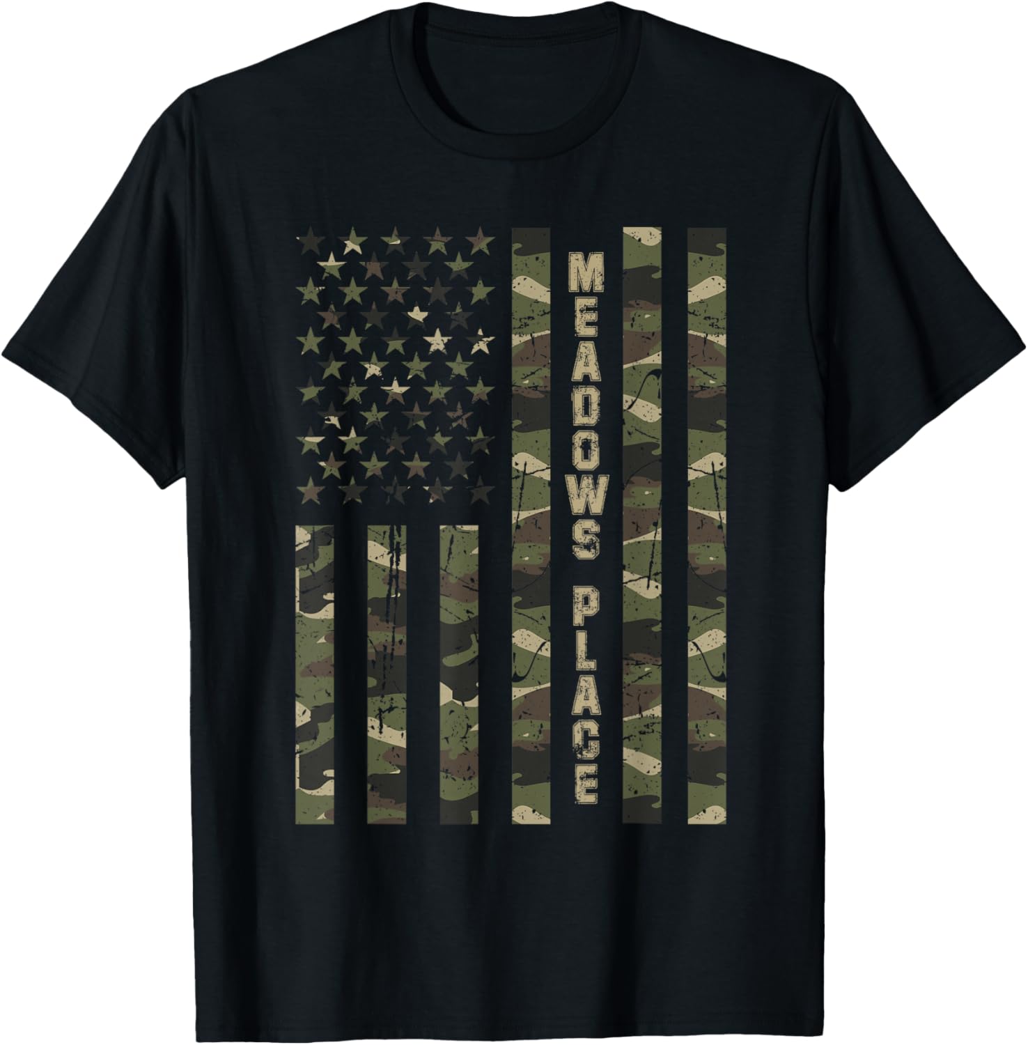 Meadows Place United States Distressed Camo w US Flag Apparel | High Search Volume | Customer Favorite