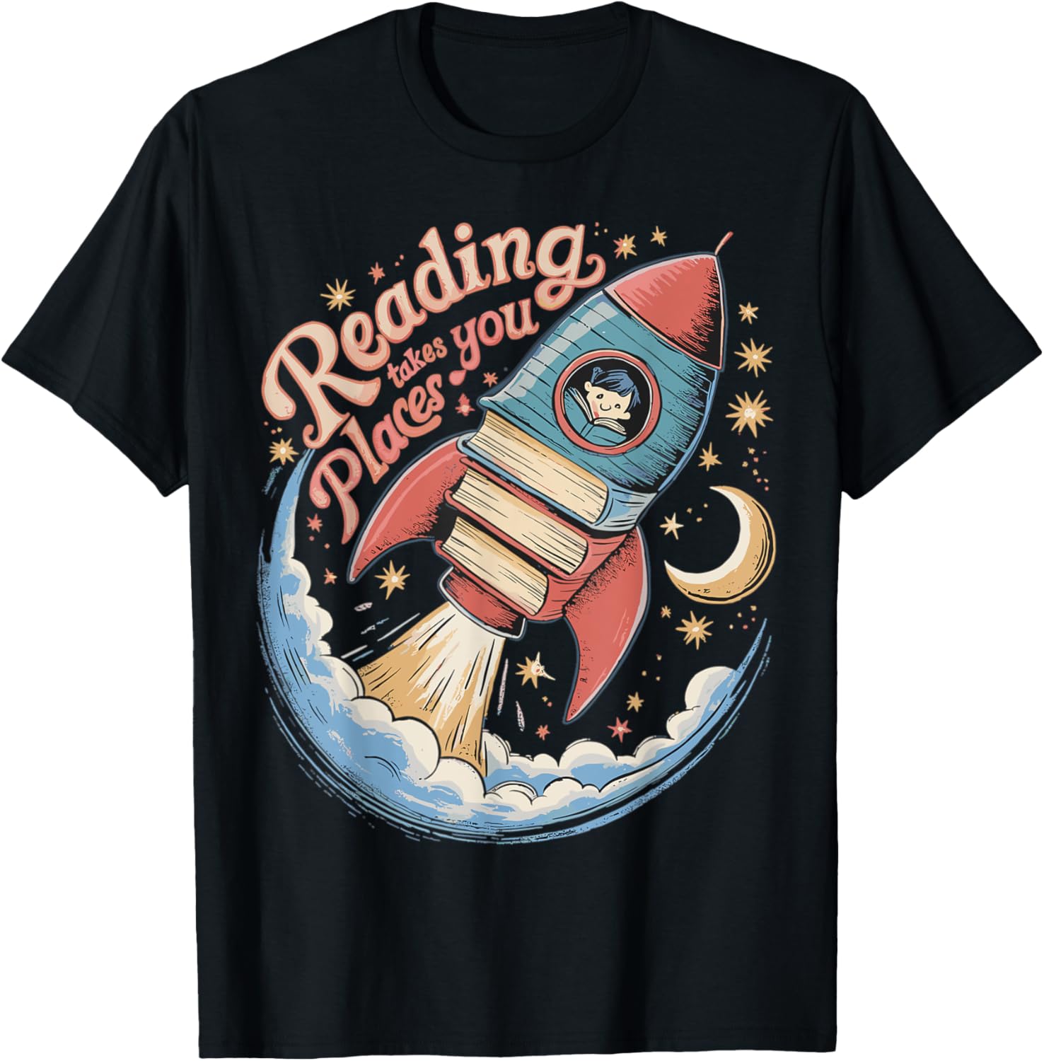 Reading Takes You Places Retro Book Rocket Apparel | Trending 2025 | Perfect Gift Choice