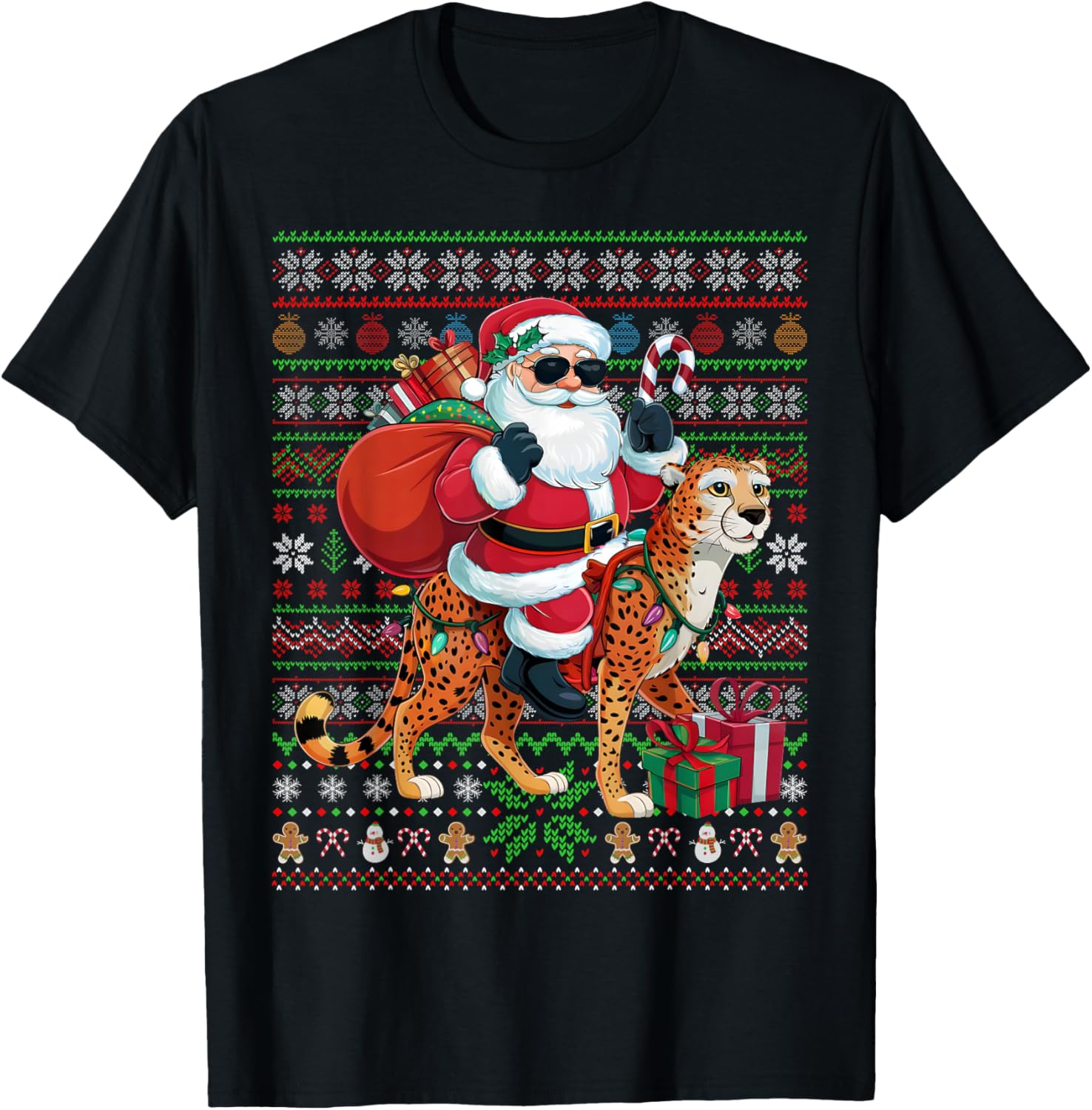 Xmas Lights Ugly Style Santa Riding Cheetah Christmas Apparel Premium Print Best Seller Look