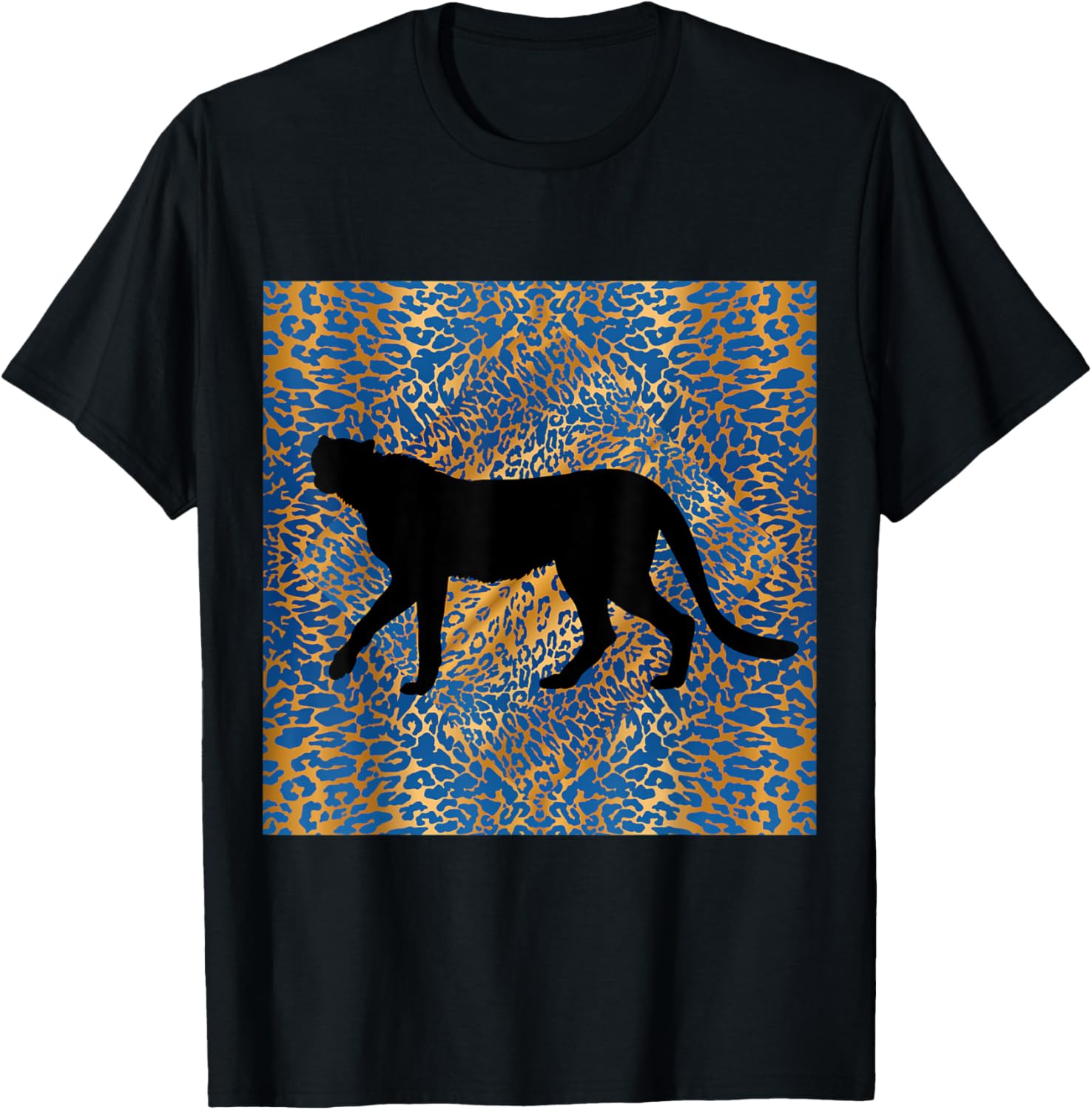 CHEETAH PRINT IN GOLDEN AND BLUE WITH SILHOUETTE CHEETAH Apparel Trending US Fan Favorite