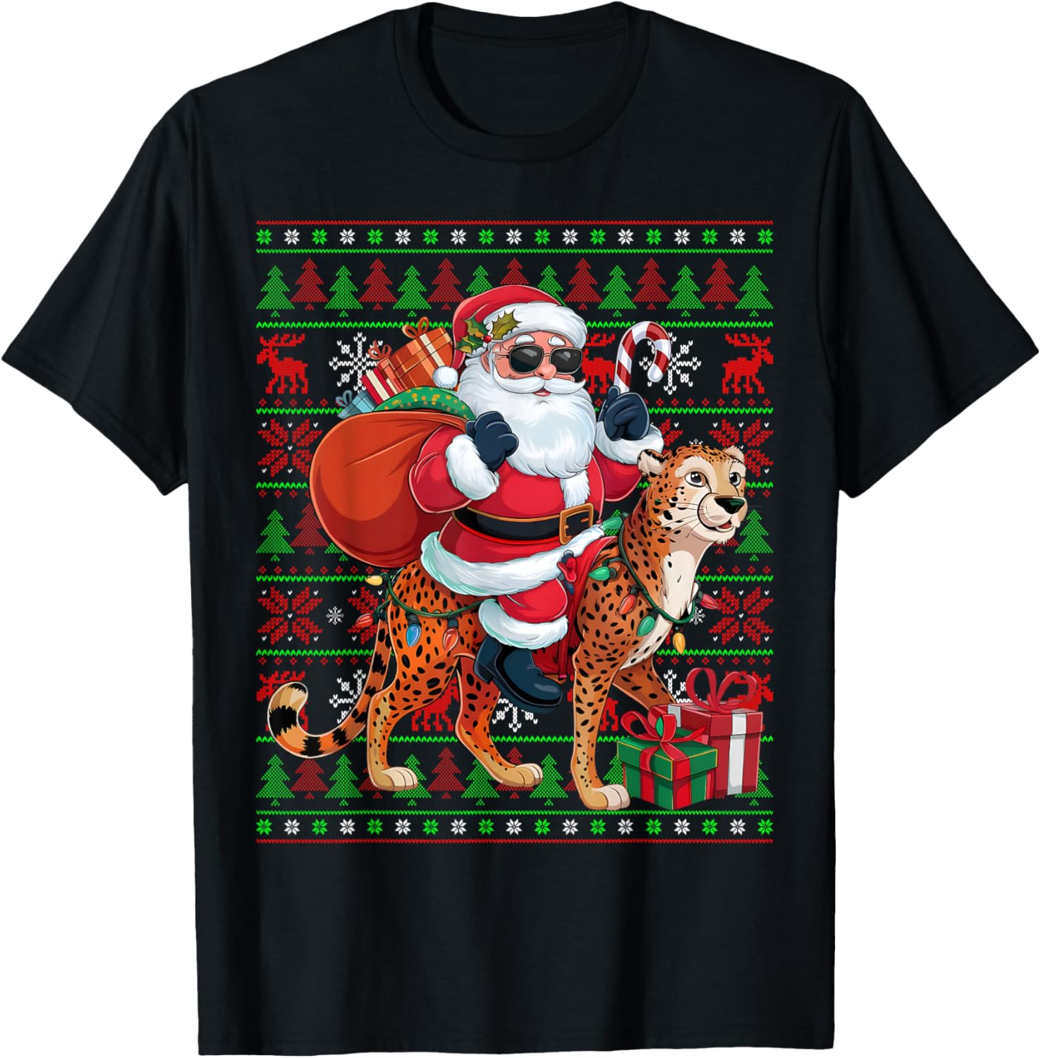 Ugly Xmas Lights Funny Santa Riding Cheetah Christmas Apparel Trending US Hot Right Now