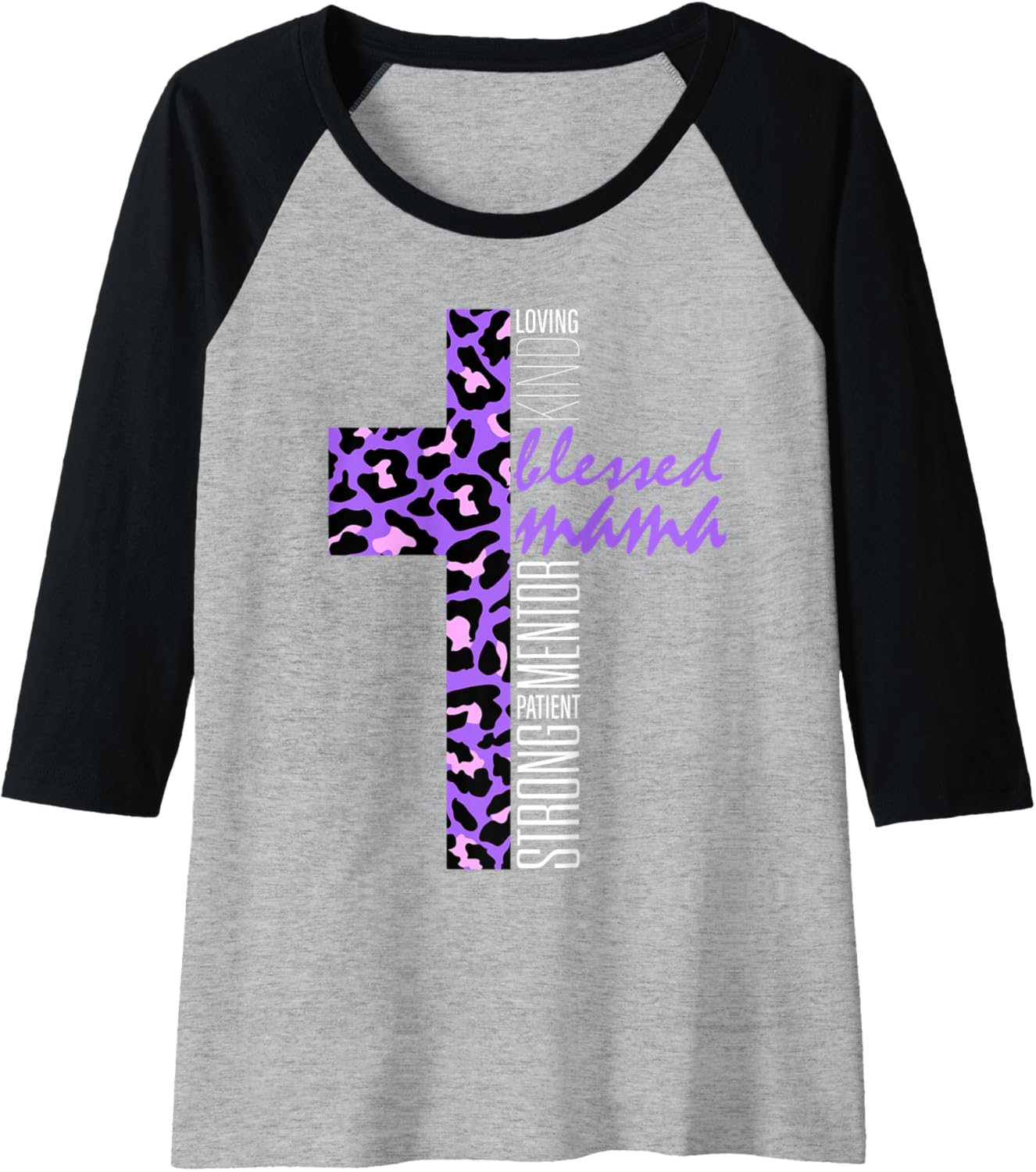 Womens Purple Blessed Mama Cheetah Print Christian Mom Mothers Day Raglan Baseball Tee T Shirt Comfort Fit Fan Favorite