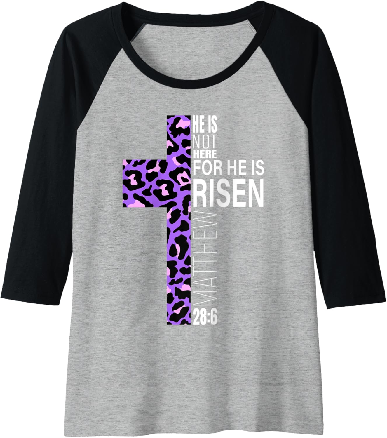 Womens Cute Purple Christian Verse Cheetah Print Easter He Is Risen Raglan Baseball Tee T Shirt Viral TikTok Find Everyd