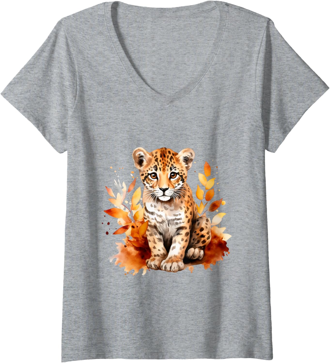 Womens Cheetah Cub Spot Cat Autumn Baby Leopard Safari Watercolor V Neck Apparel Comfort Fit Gift Ready
