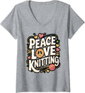 Womens Peace Love Knitting Retro Yarn Design V-Neck Yarn Supply | Trending 2025 | Perfect for Crafters