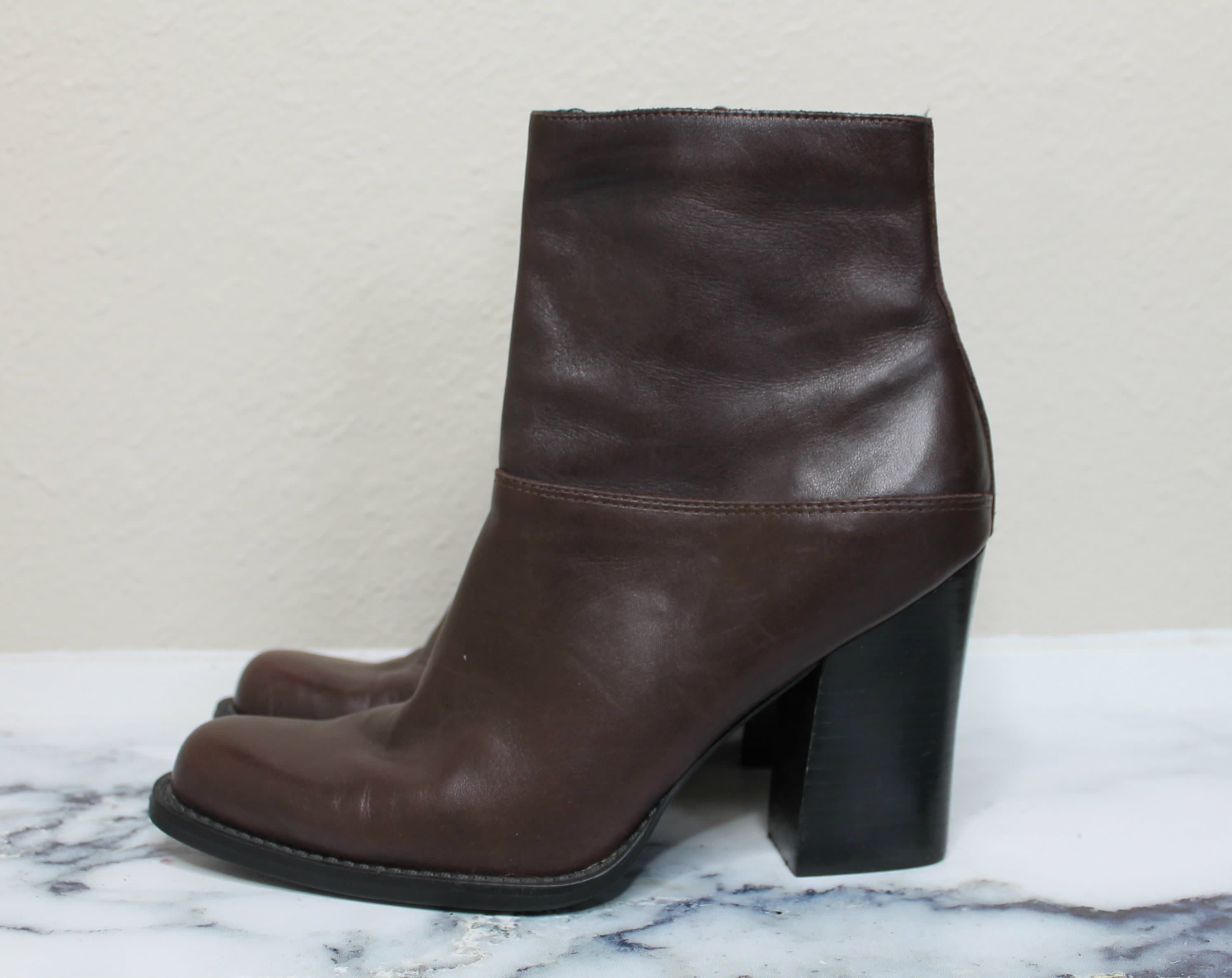 Vintage 90s Brown Leather Boots High Heel Ankle Boot Size US 8 EUR 38 Graphic Tee – Premium Graphic · Must-Have Style