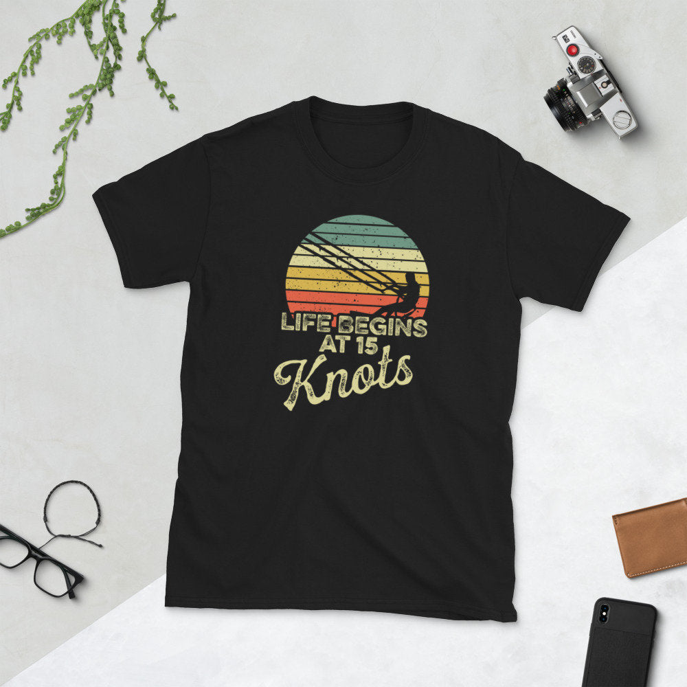 Kitesurfer I Life Begins at 15 Knots I Funny Kitesurfing Tee Shirt Graphic Tee – Feel-Good Design · Trending Graphic Apparel