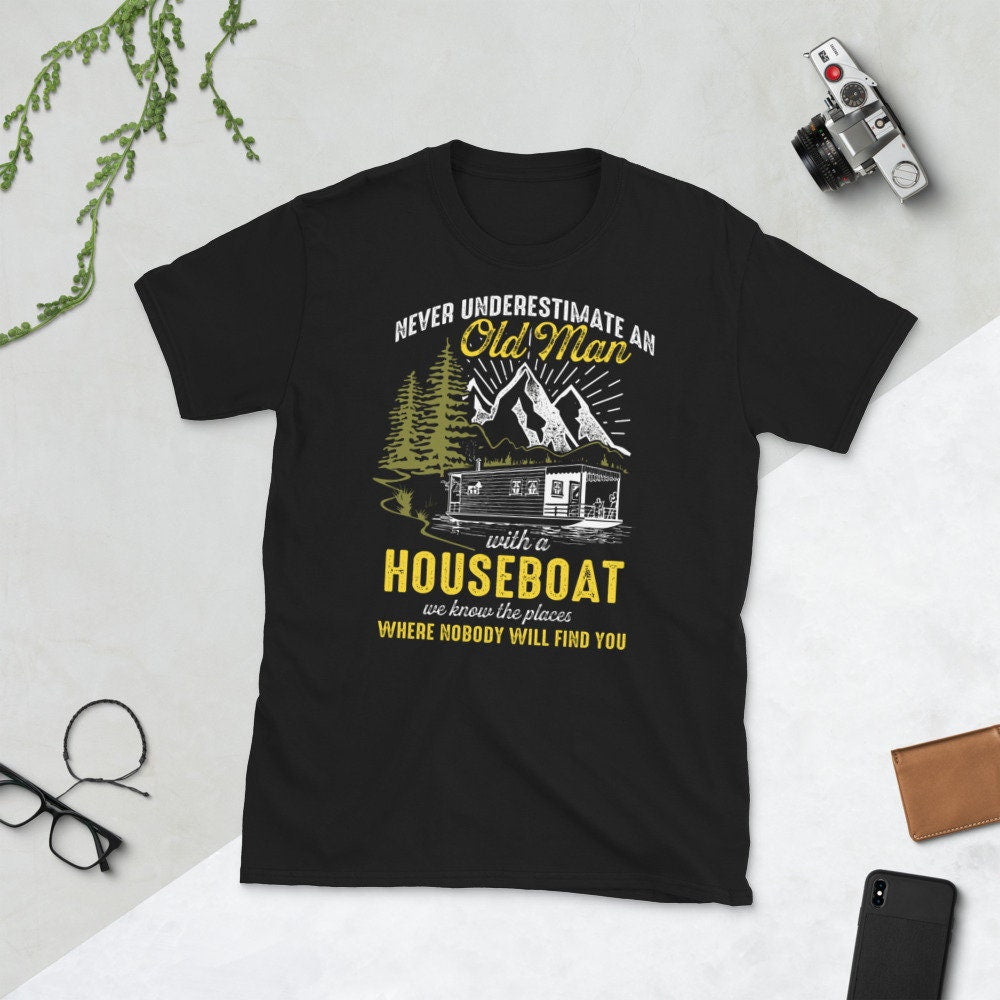 Never Underestimate Old Captain with Houseboat T Shirt Graphic Tee – Feel-Good Design · Trending Graphic Apparel