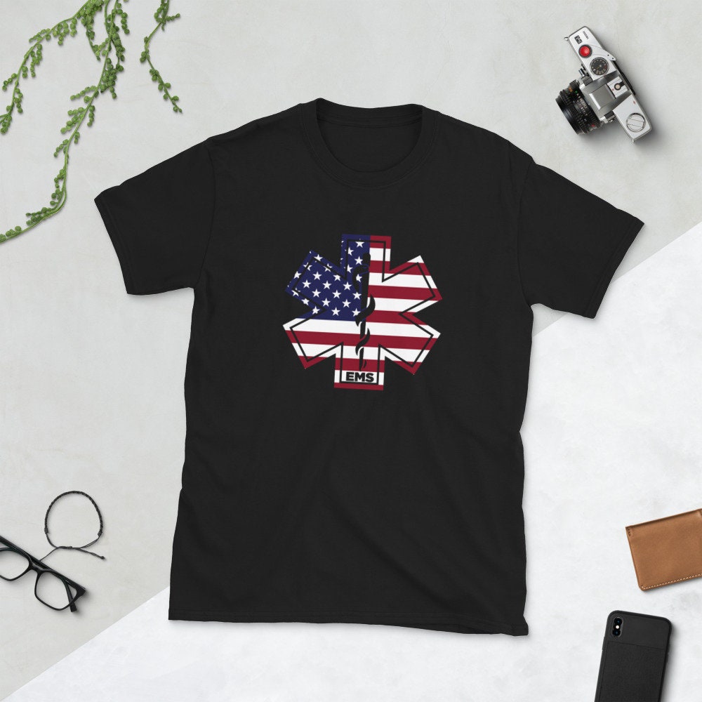 EMS Emblem Medical Service US Flag Shirt Graphic Tee – Feel-Good Design · Great Gift For Fans