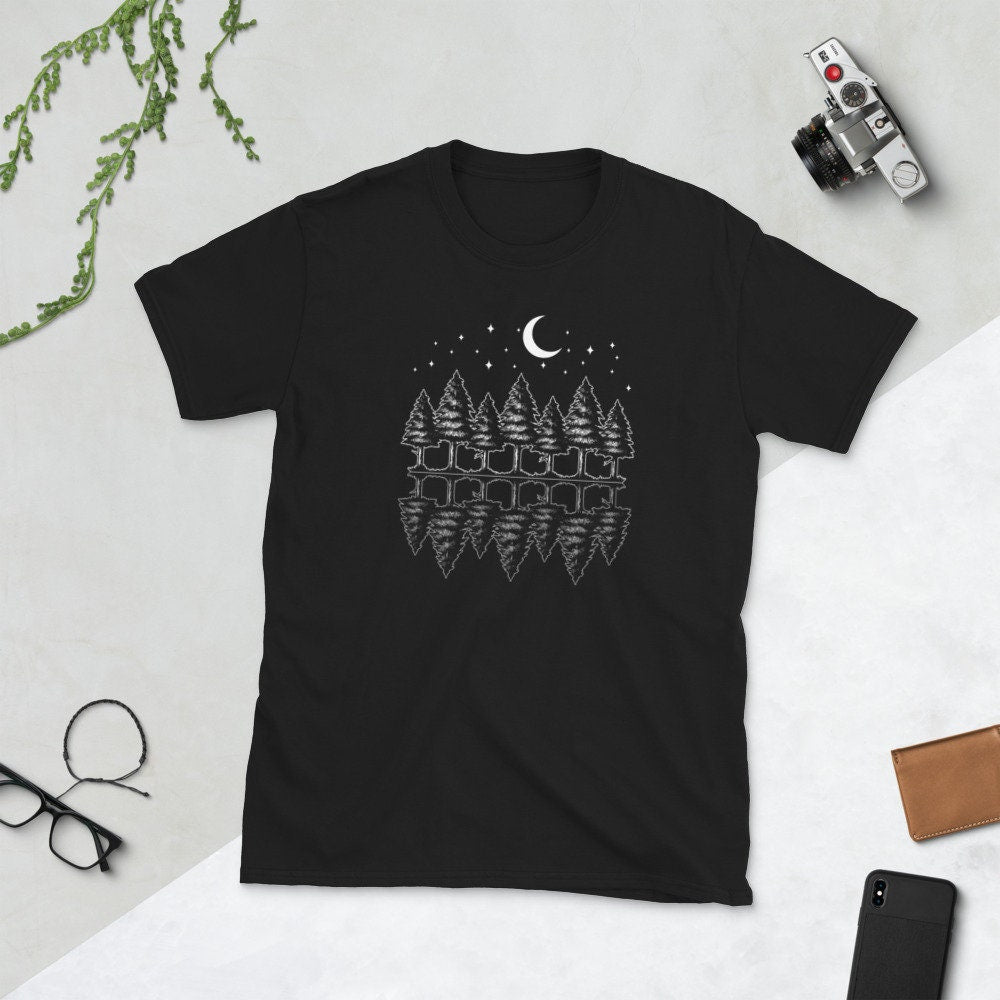 Lake Forest Nature with Moon Camping and Hiking T Shirt Graphic Tee – Warm & Stylish · Great Gift For Fans