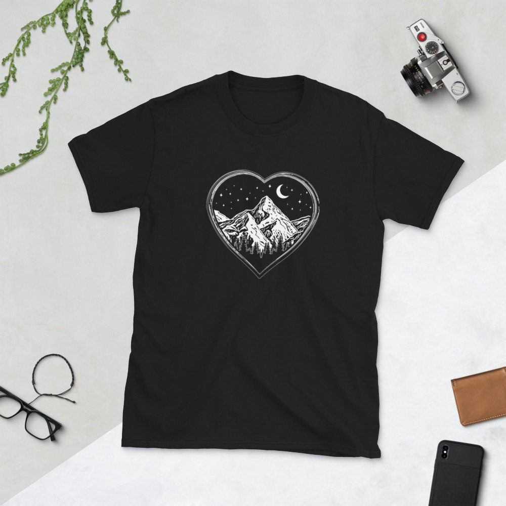 Heart for Nature Mountain Love Hiking by Night T Shirt Graphic Tee – Warm & Stylish · Trending Graphic Apparel