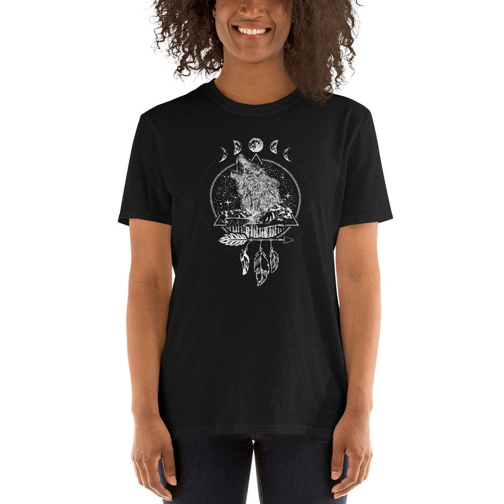 Full Moon Geometric Boho Indian Dreamcatcher Wolf T Shirt Graphic Tee – Cozy Vibes · Great Gift For Fans