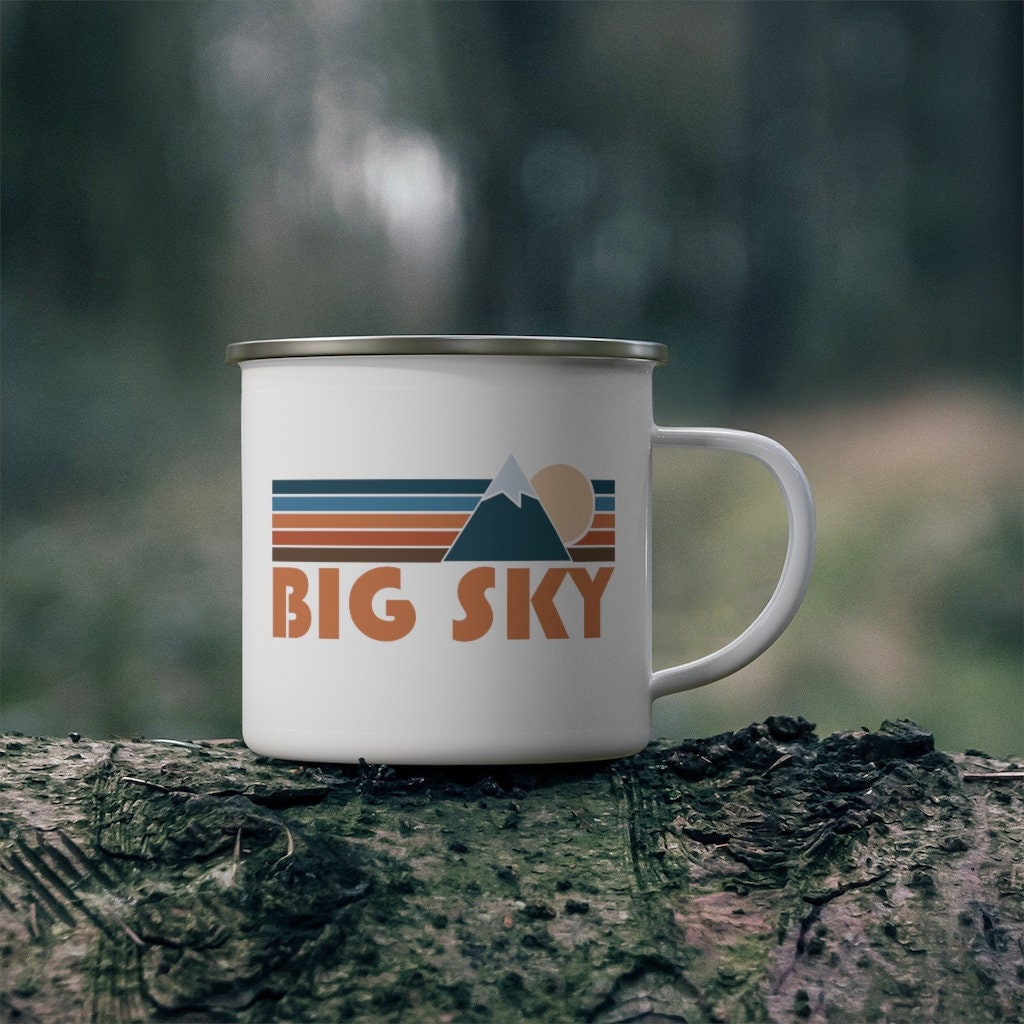 Big Sky California Camp Mug 12oz Retro Mountain Enamel Campfire Big Sky Mug Personalization Available Graphic Tee – Easygoing Wear · Perfect For Daily Wear