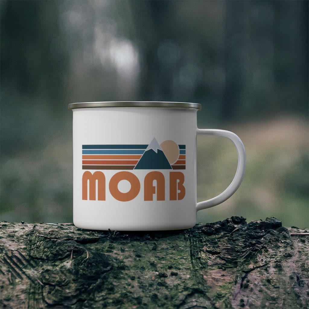 Moab Utah Camp Mug 12oz Retro Mountain Enamel Campfire Moab Mug Personalization Available Graphic Tee – Cozy Vibes · Perfect For Daily Wear