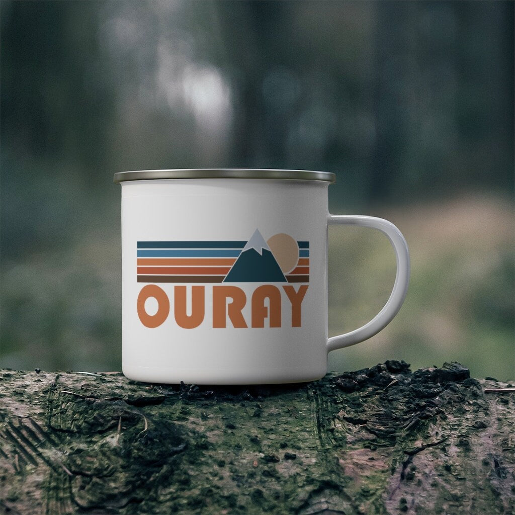 Ouray Colorado Camp Mug 12oz Retro Mountain Enamel Campfire Ouray Mug Personalization Available Graphic Tee – Warm & Stylish · Great Gift For Fans